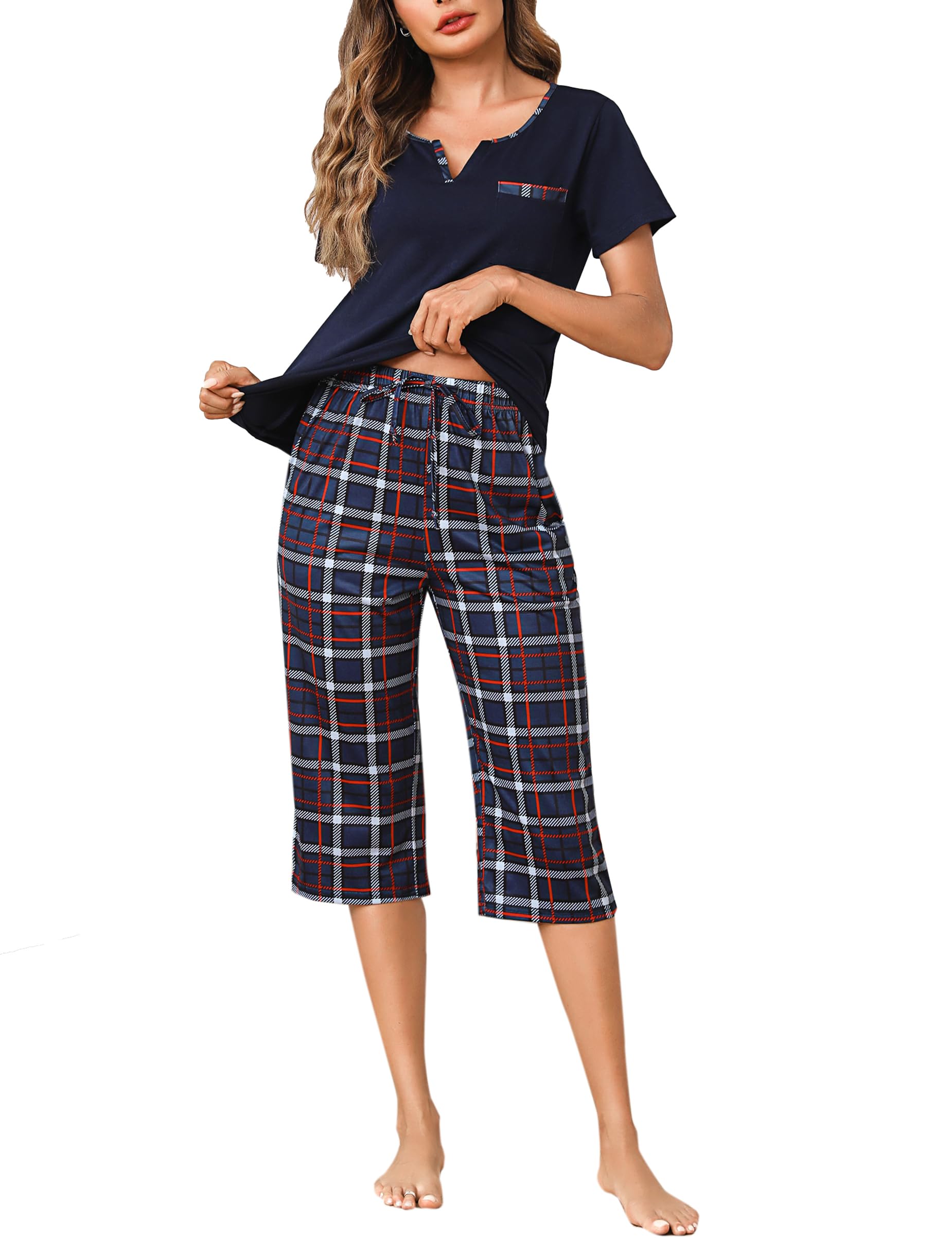 Bresdk Pijama Mujer Verano Mujer Algodón Conjunto de Pijama Mujer de 2 Piezas Mujer Ropa de Dormir V de Manga Corta y 3/4 Pantalones