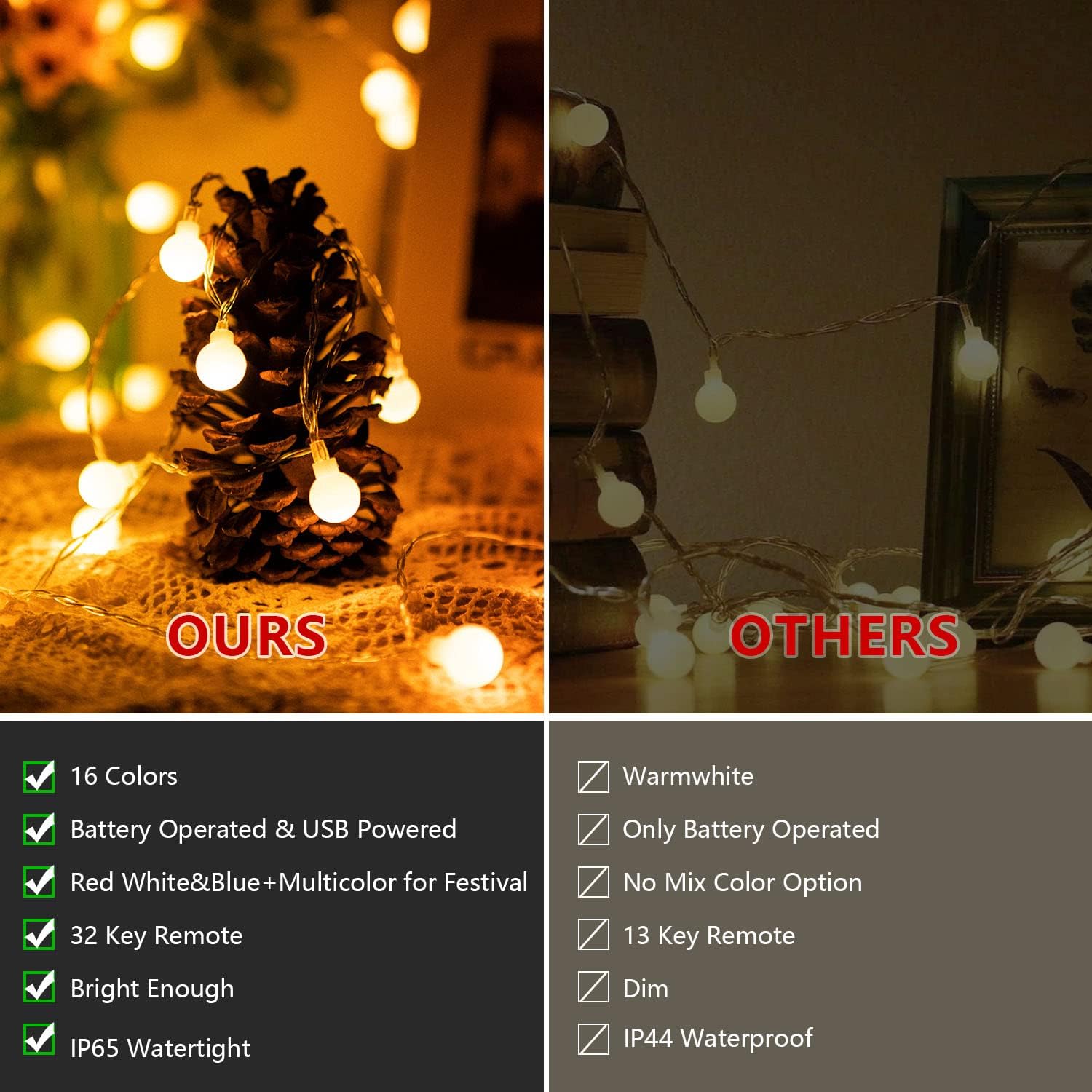 Battery Powered String Lights, 40 LED 16 Colors Globe String Lights USB Powered with Remote, Waterproof Camping Lights String for Indoor Outdoor Hanging Lights for Bedroom Christmas Party Patio Decor