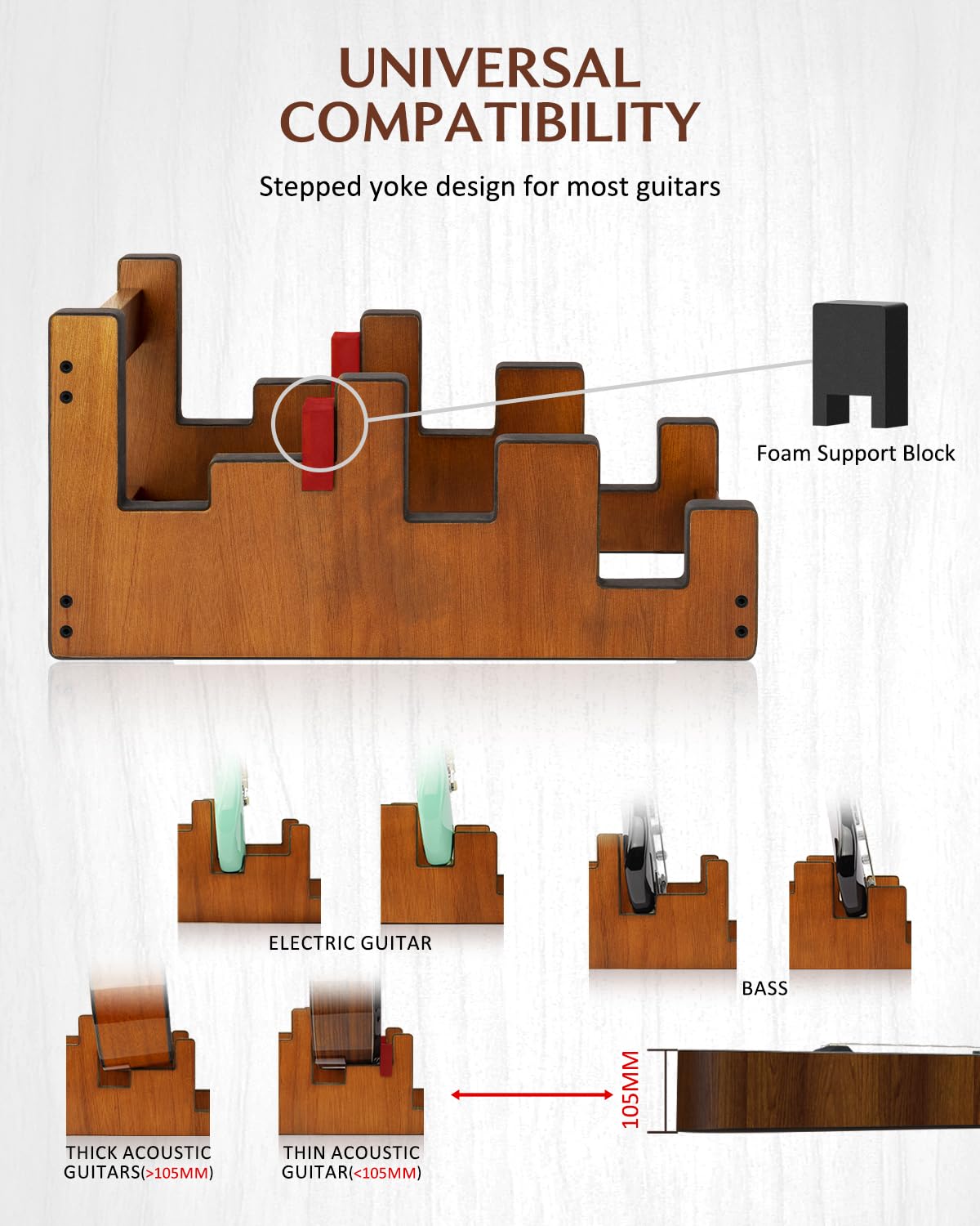 STRICH Gitarrenständer aus Holz für mehrere Gitarren, 3-fach Halter, platzsparender Bodenständer mit Frontpräsentation, Mahagoni-Farbe, L-2E1AM (für 2 E-Gitarren + 1 Akustikgitarre)