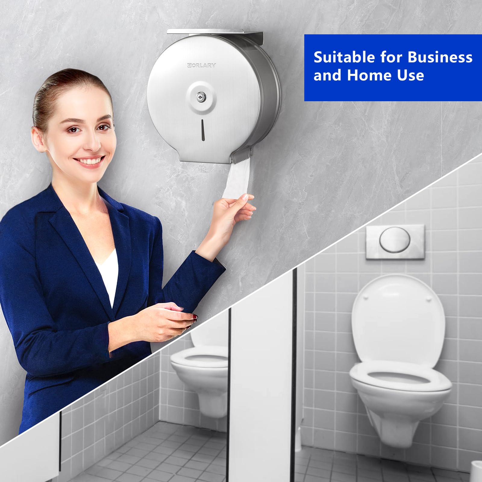 Gorlary Dispensador de Papel Higiénico Gigante Comercial con Estante, Soporte de Acero Inoxidable para Montaje en Pared Plateado