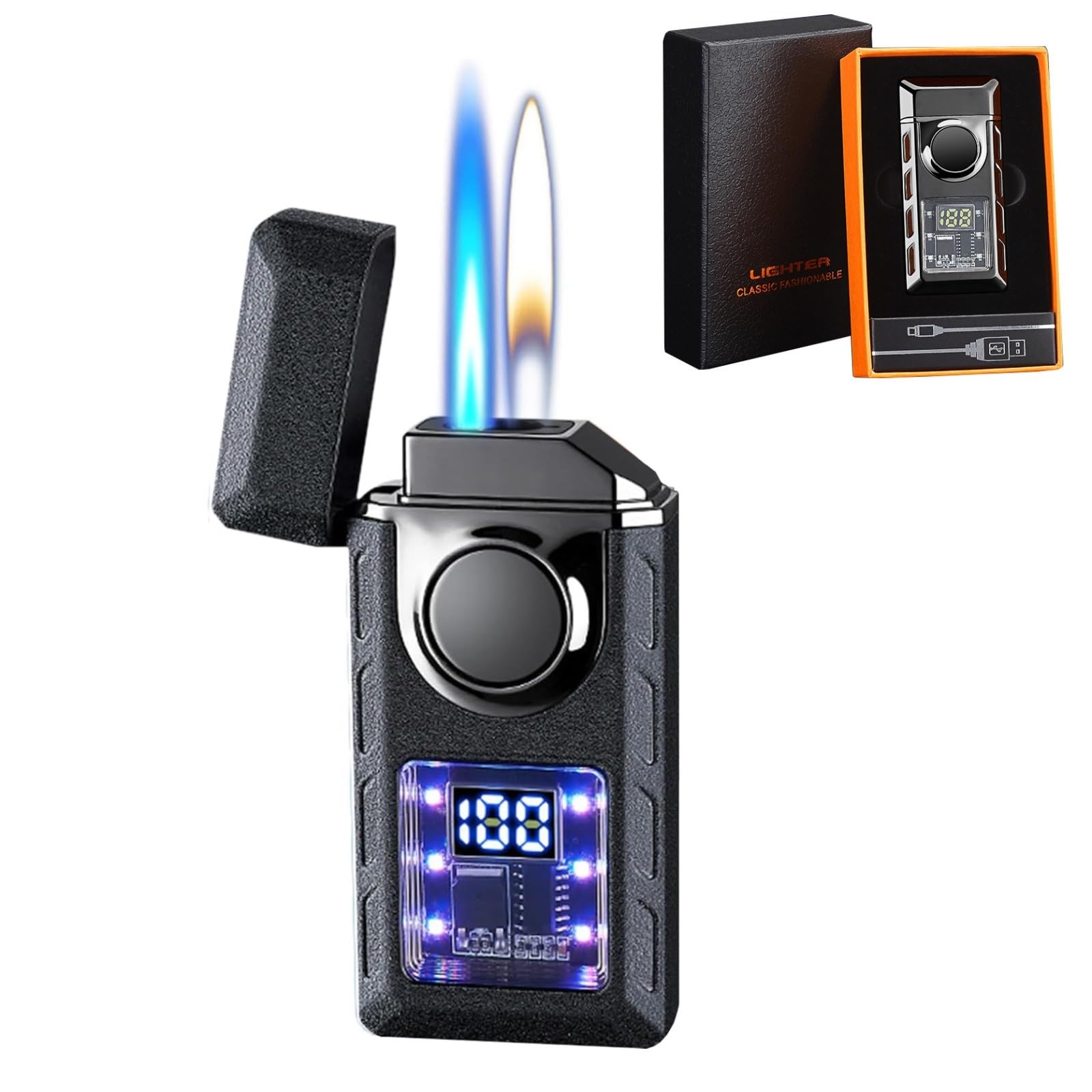 Briquet double flamme coupe-vent Jet & flamme douce rechargeable Butane Flamme réglable Affichage LED Parfait pour camping, barbecue, utilisation en extérieur, interrupteur de sécurité