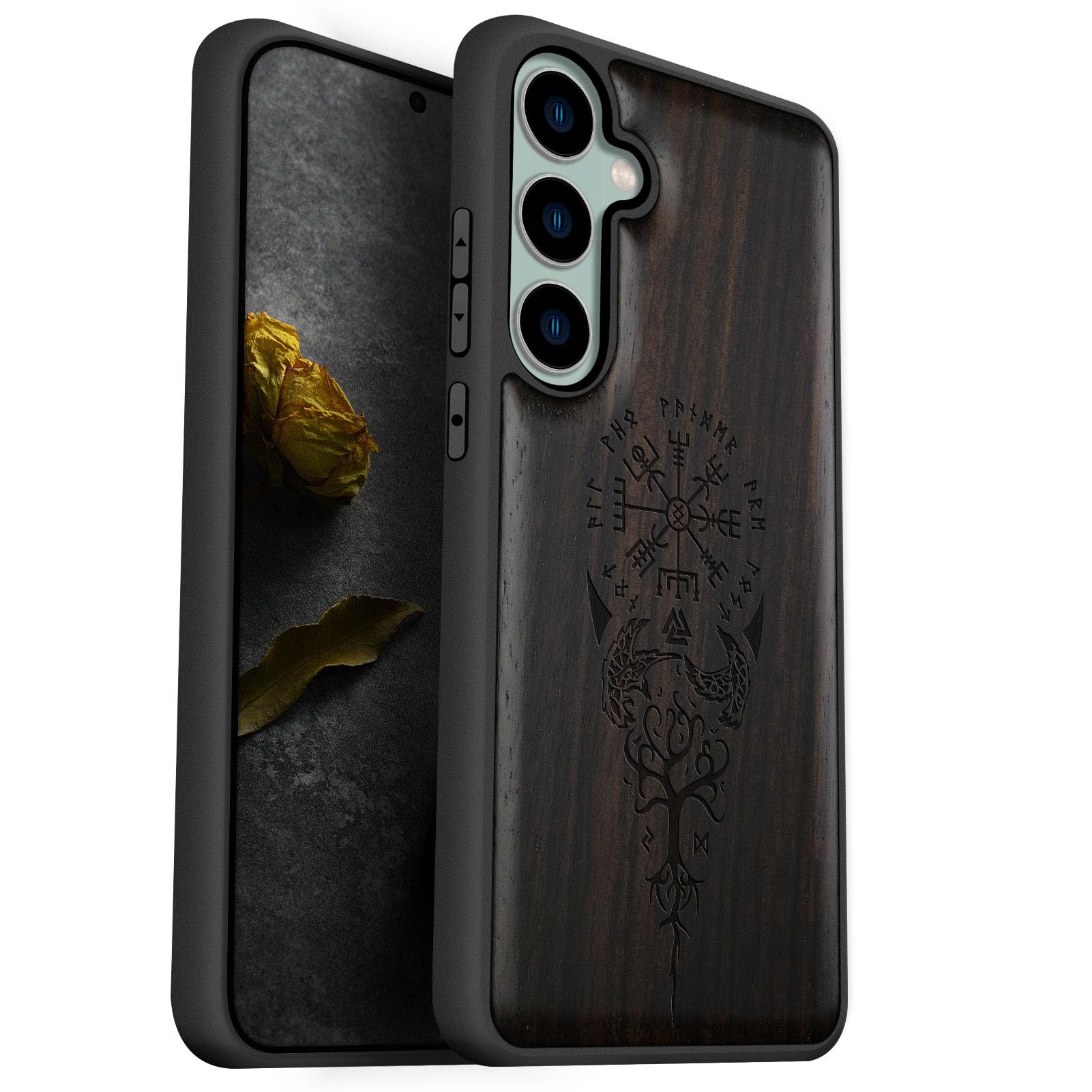 Carveit Wood Case for Galaxy S23 FE [Natural Wood & Black Soft TPU] Shockproof Protective Cover Unique Wooden Design Compatible with S23 FE (Viking