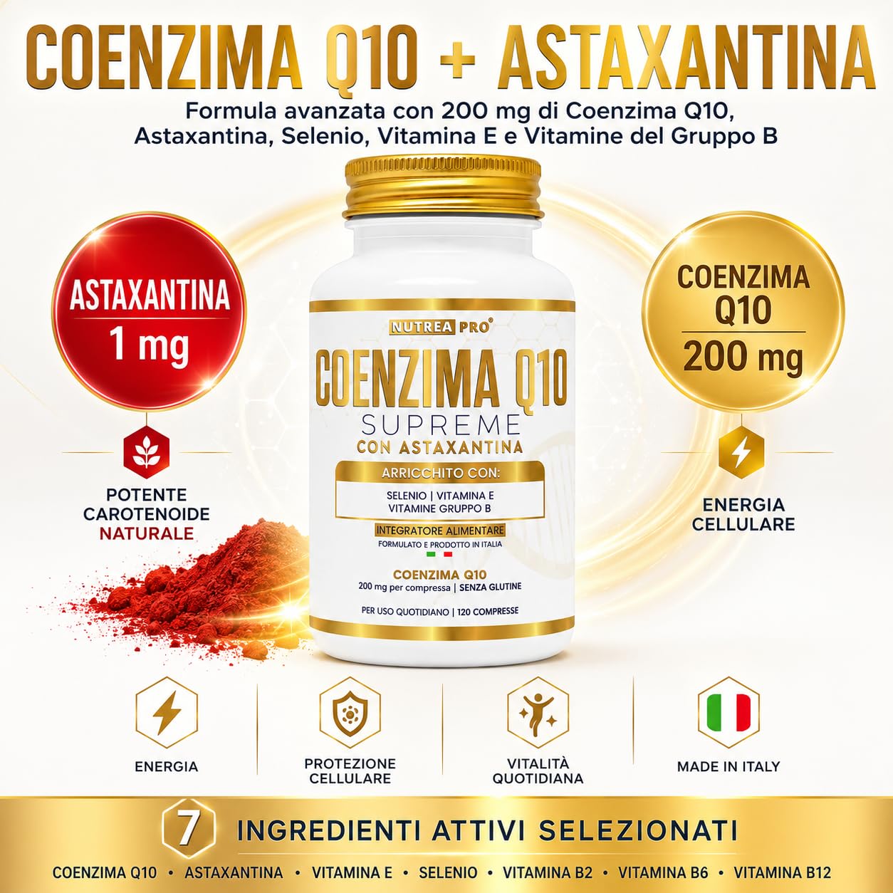 Coenzima Q10 200mg con Astaxantina 1mg |Coenzima Q10 migliore stabilità del normale q10 ubichinolo| Q10 Coenzima complex formulata con coq10 Astaxantina Vitamina E B12 B6 B2| NUTREAPRO®