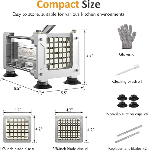 Miniatura 4 de Sunvivi Cortador de papas fritas de acero inoxidable con 2 cuchillas reemplazables (12 y 38 pulgadas), cortador profesional para papas, zanahorias,