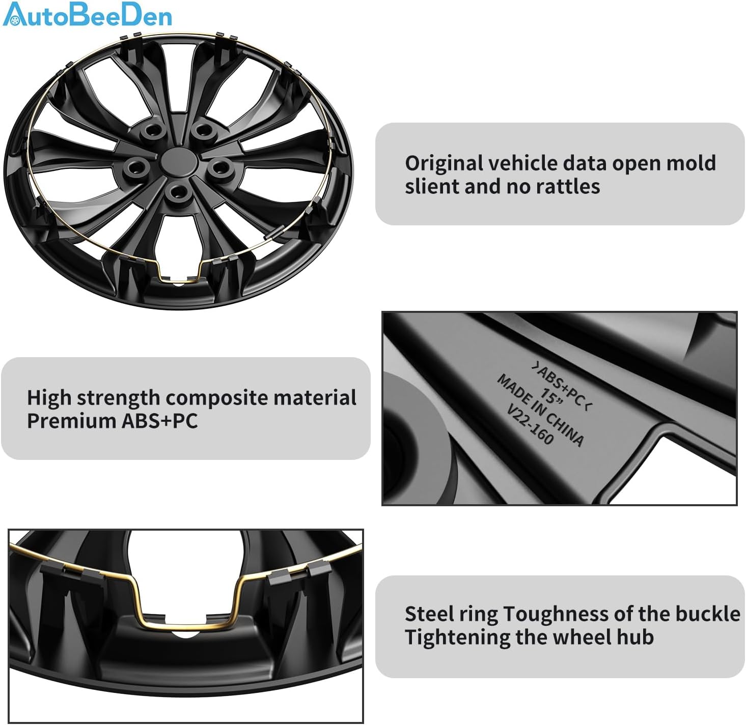 4-Pack Universal Hubcaps Replacement R15 15 inch, Steel Wheel Rim Cover for Most Cars Trucks Sedans SUV, 15" 15 in Wheel Covers Hub Caps (Bright Black Color)