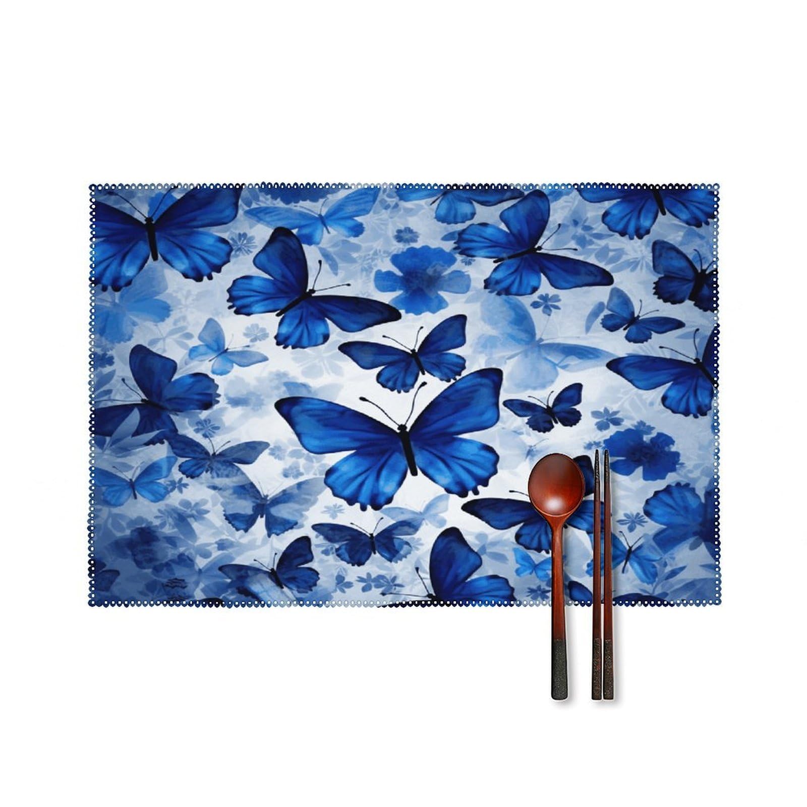 Blue Butterflies Placemats Set of 4 Canvas Washable Cloth Place Mats Wipeable Heat Resistant Table Mats Elegant Cloth Placemat for Kitchen Dinning Party Table Decor 12" X 18"