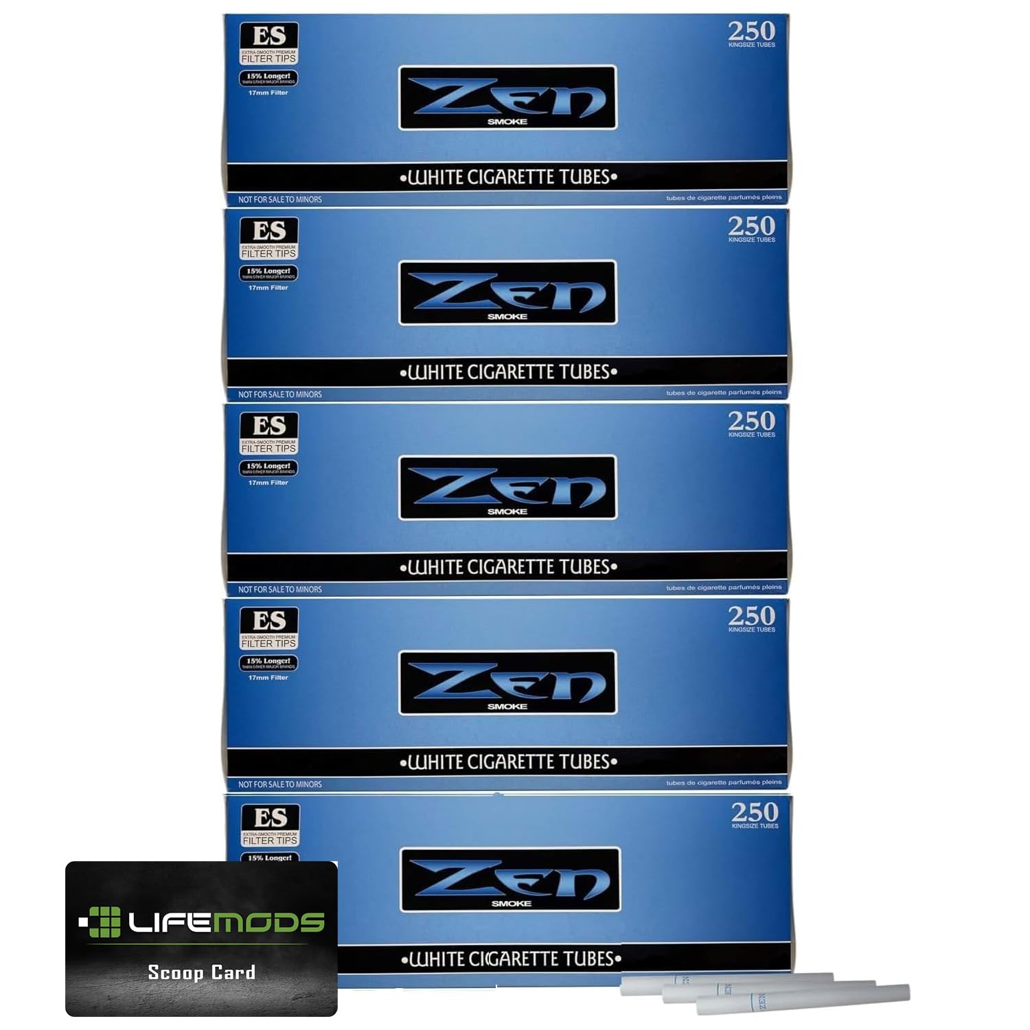 zen cigarette tubes | light | king size | 5 pack | 1250 tubes | premium quality and affordability - includes lifemods bundle with scoop card for effortless material handling
