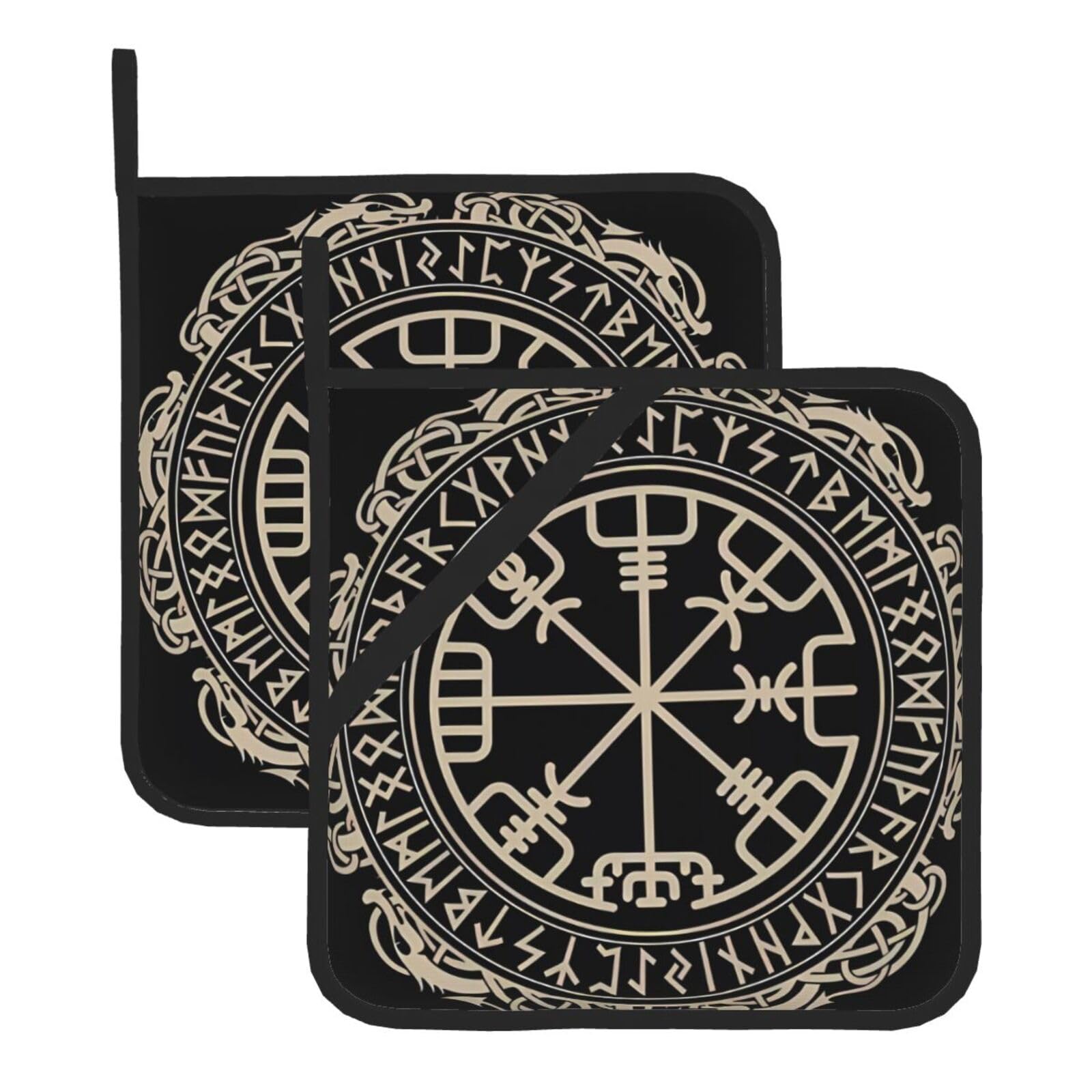 WHJSHOP Magical Design Norse Runes Compass Prints Square Hot Pads for Kitchen Counter - Thick Heat Resistant Trivets for Microwave & Oven, BBQ Grilling Cover (2 Pack)