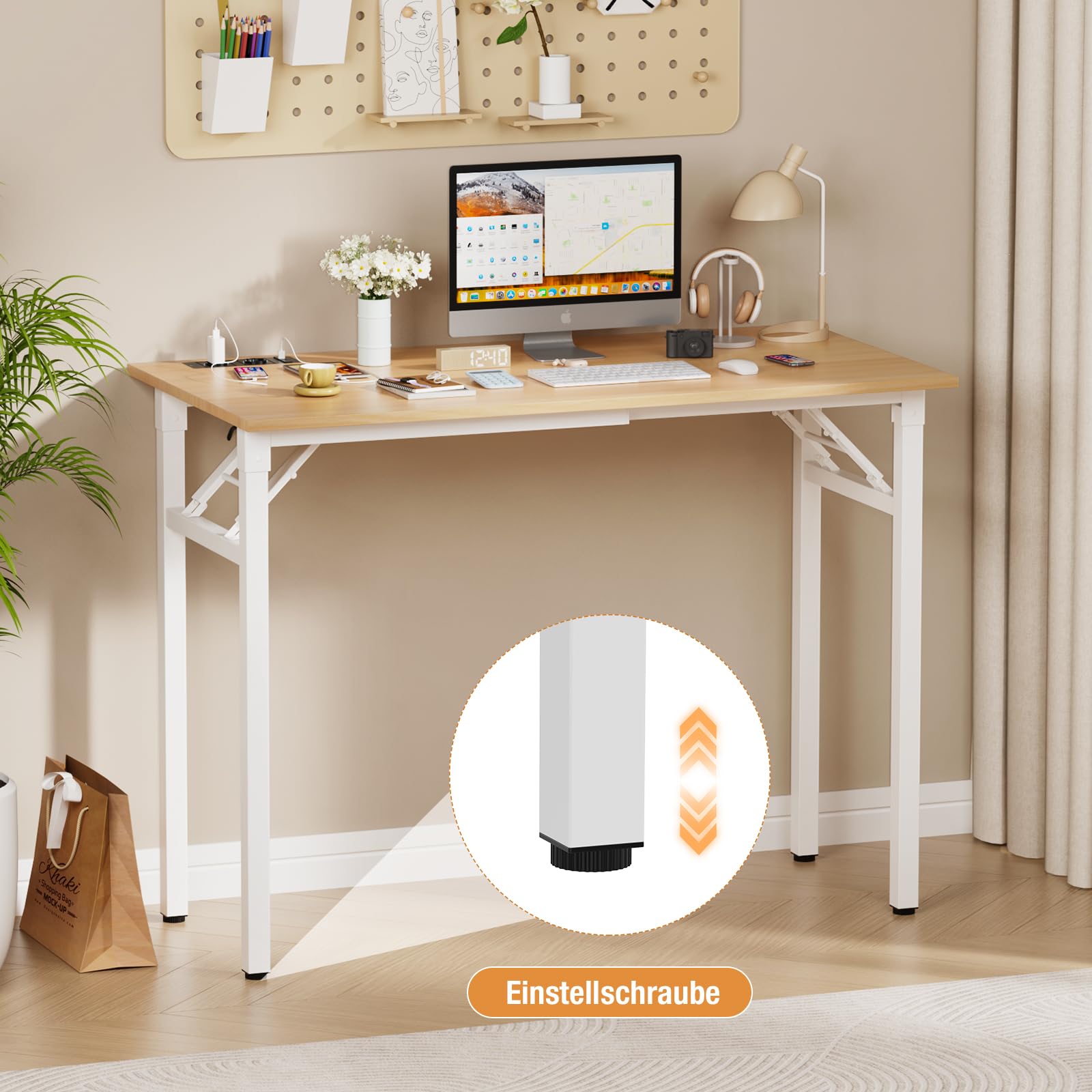 100x50cm Schreibtisch Klappbar, Klappbarer Schreibtisch Kleiner, Computertisch Mit Integrierter Ladestation, Platzsparend, Laptoptisch Klappbar fürs Büro, Homeoffice. (Eiche, 100x50x76cm)
