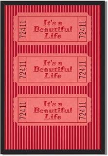 Vintage Red Ticket Style Wall Art Print Inspirational Quote Its a Beautiful Life Retro Poster for Living Room Bedroom Home Decoration Canvas Picture (Black Framed,12”LX16 W)
