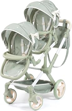 Bayer Design Doll Pram Xeo Twin - Green & Flowers - Push Stroller, Adjustable Seats & Handle, Foldable, Handbag, Toy Seats 2 Dolls Up to 18", Kids 3+