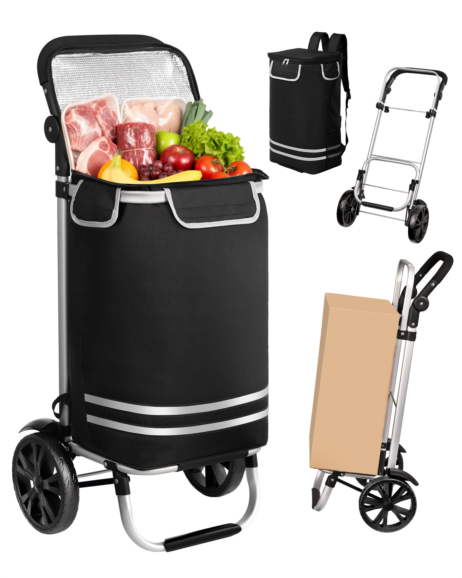 Oak & Tea Einkaufstrolley Klappbar 56L mit Kühlfach – 50kg Traglast Hackenporsche Aluminium, leise Räder, wasserdichter Oxford-Stoff, Isoliertasche Shopping Trolley