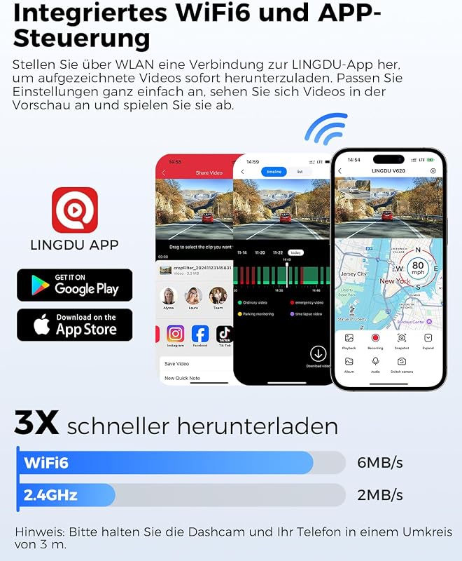 LINGDU V620 Autós Menetrögzítő Kamera 4K Elöl 1080P Hátul, 2.4" IPS WiFi Dash Cam 64GB SD Kártyával, Éjjellátó GPS 170° Széles