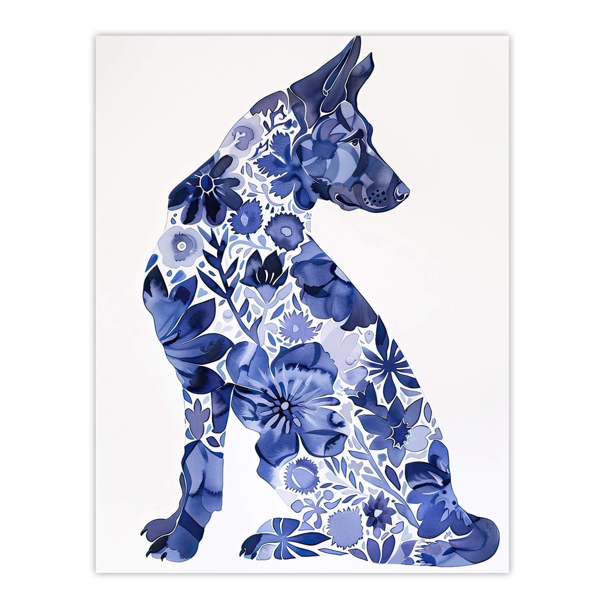 Artery8 Blue German Shepherd Floral Pattern Watercolour Living Room Large Wall Art Poster Print Thick Paper 18X24 Inch