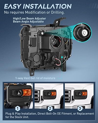 Miniatura 7 de Nilight Conjunto de faros delanteros compatible con GMC Sierra 1500 2500HD 3500HD 3500HD 2014 2015 2016 2016 2017 2018 Base negra, reflector ámbar,