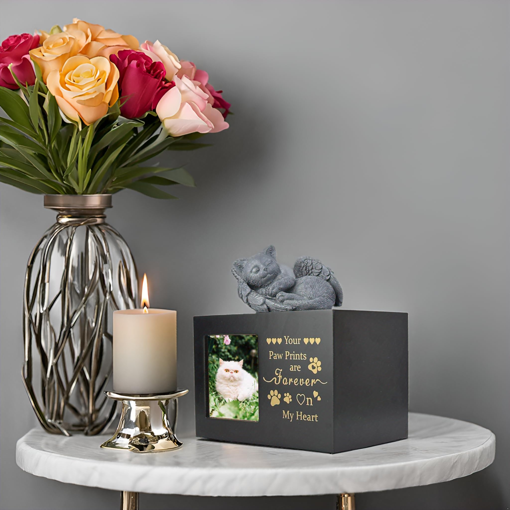 Large Wooden Pet Urn for Ashes,Elegant Angel Cat Statue and Ashes Keepsake with Photo Frame,Loss Pet Memorial Gift(Black)