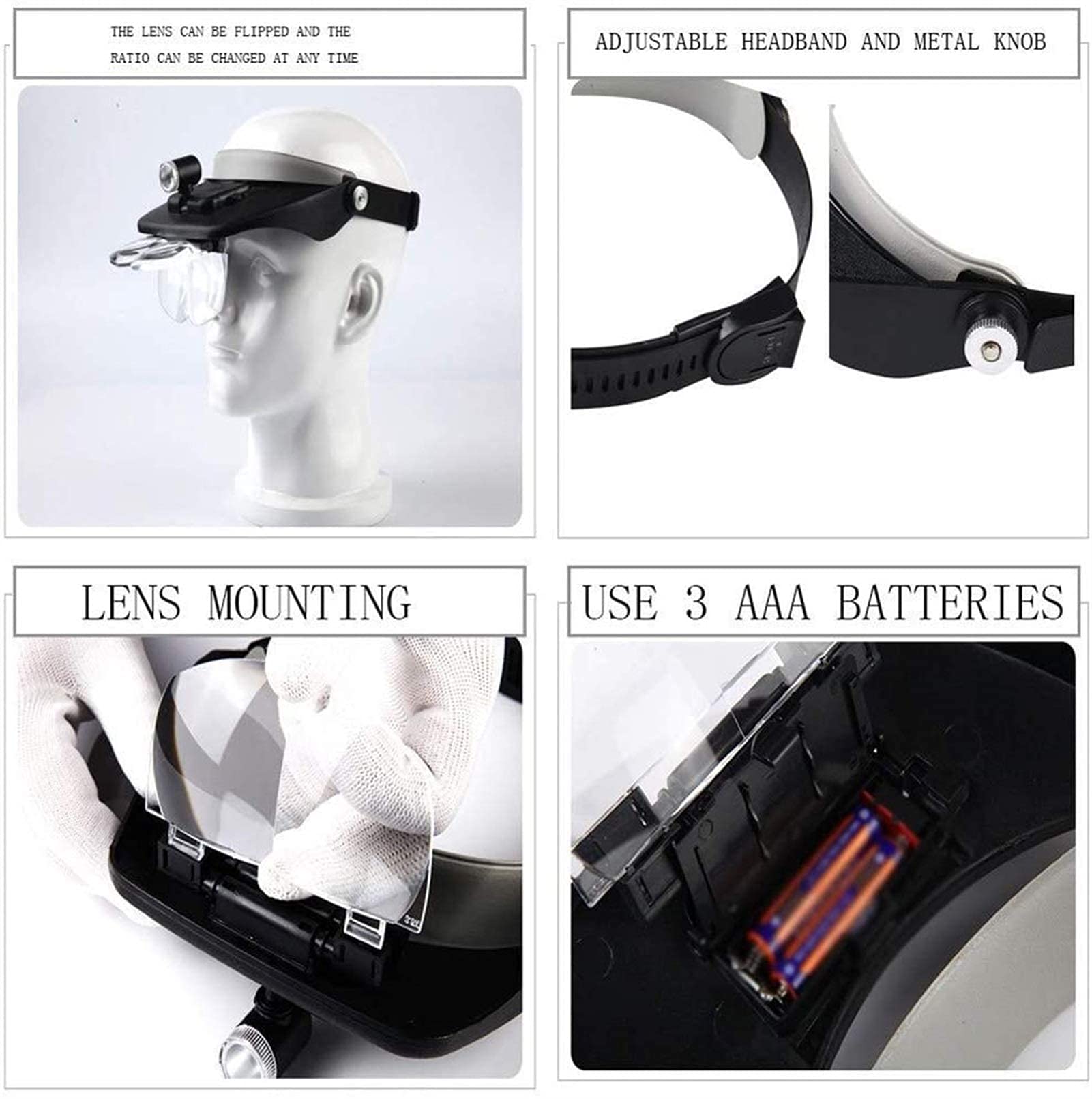 Lupa de Diadema, Gafas de Aumento iluminadas para la Cabeza, Lupa de Mano con luz LED, Lupa de Diadema iluminada Manos Libres de 1.2X a 3.5X con Lentes Desmontables, Diadema pa,