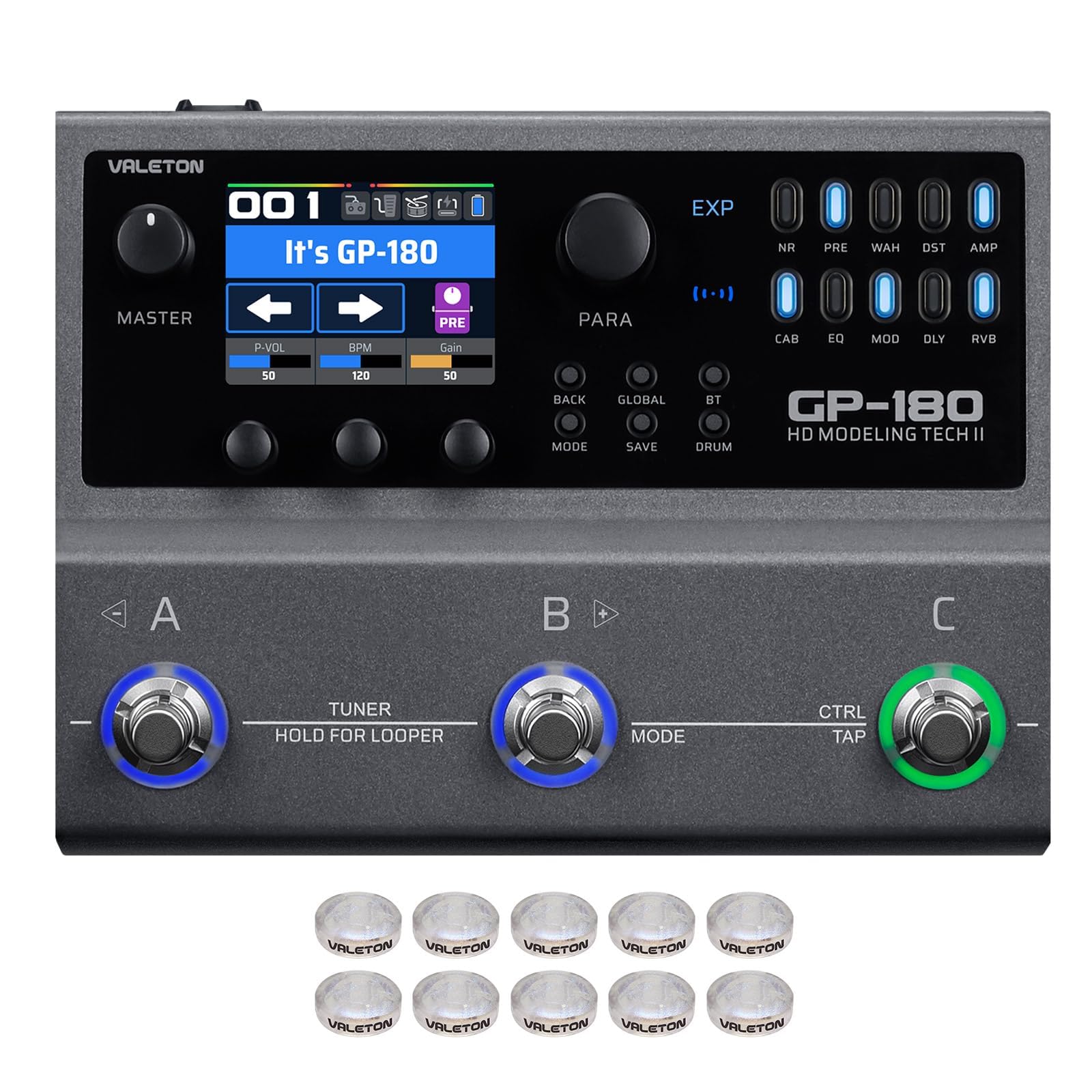 Valeton GP-180 Multi-Effects Guitar Processor with HD Modeling, 200+ Effects, Built-in Battery, IR & NAM Support, Looper, Drum Machine, USB Audio Interface(Incl 10 PCS Additional Toppers By VOLKTONE)-image-3