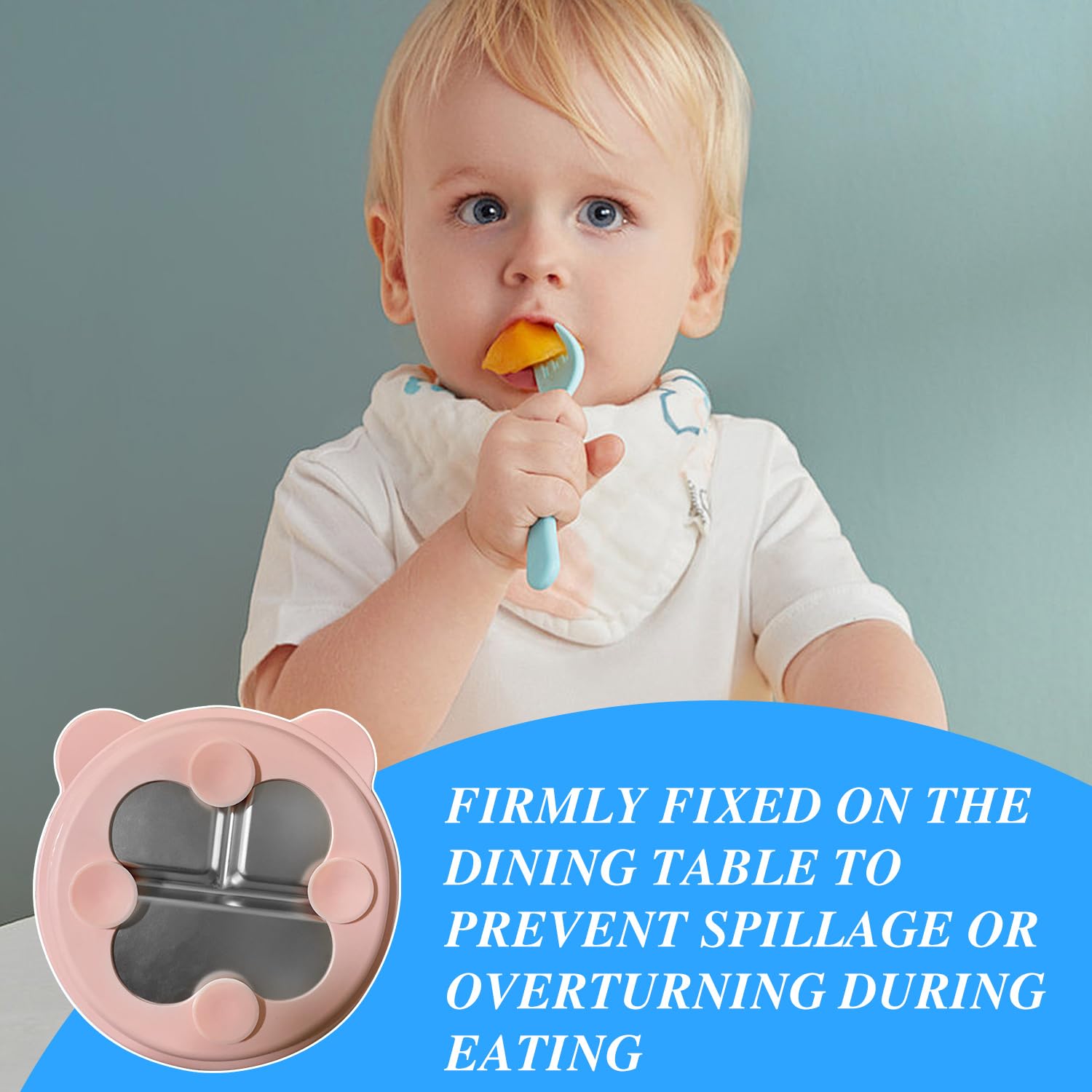 2 platos para bebés con ventosa, sin BPA, plato de acero inoxidable para bebés, plato para niños con funda de silicona extraíble (rosa +azul cielo)
