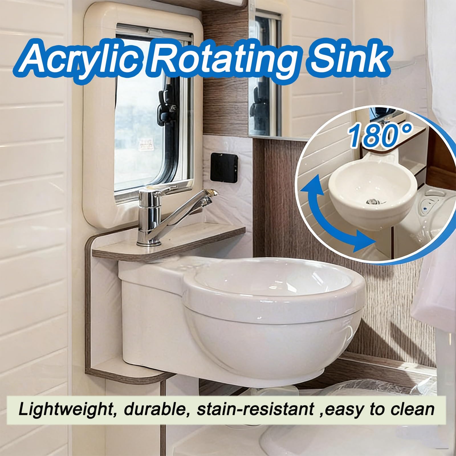 Giratorio Fregadero Camping, Lavabo Caravana con Grifo, Fregadero Cocina de Acrílico, Incluye Desagüe, Apto para Bar, Cocina y Autocaravana
