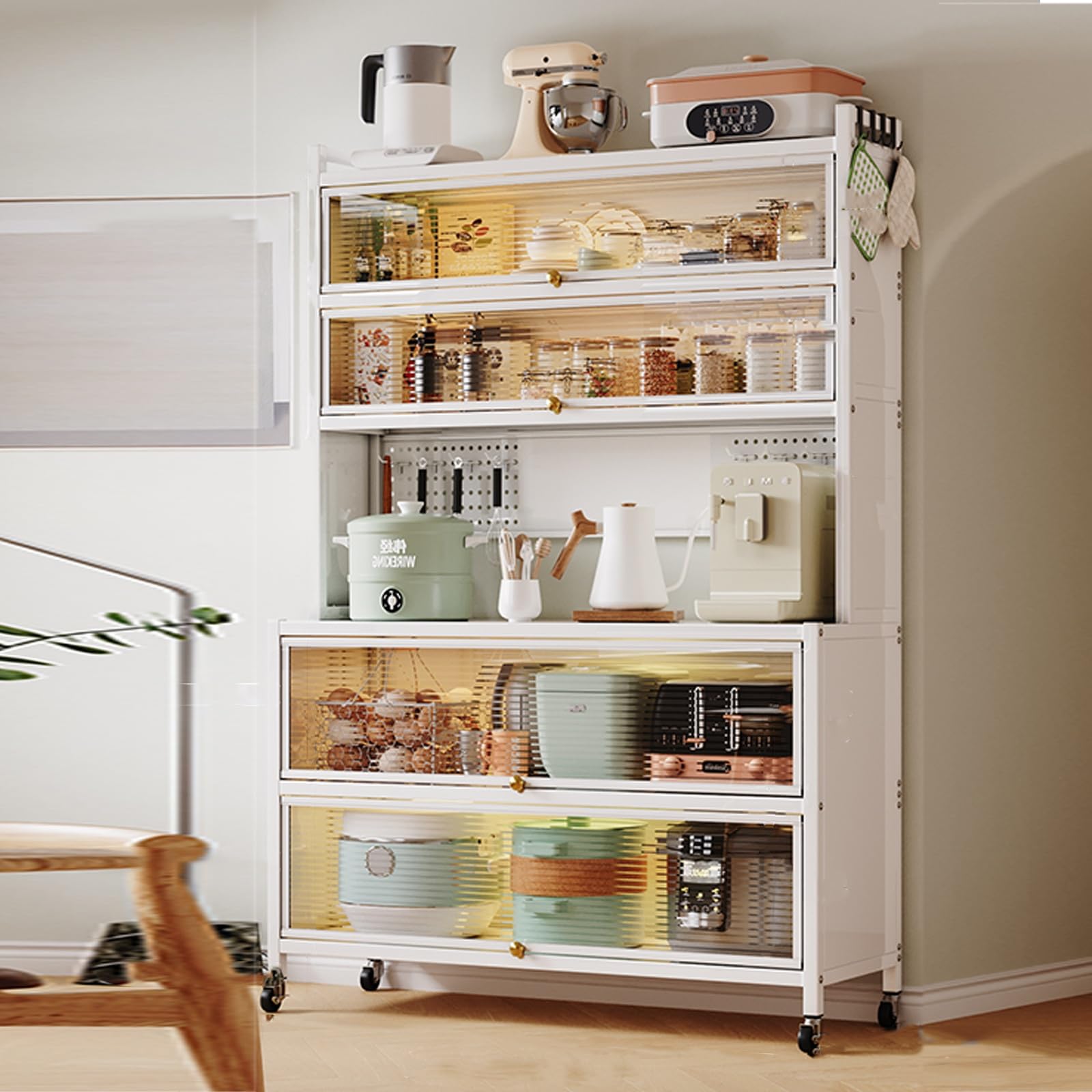 Microwave Stand Microwave Oven Rack,6 Tier Kitchen Storage Cabinets - Bakers Rack with Storage, Microwave Stand with Doors and Pegboard, DIY Backplane Creative, withof Brakeable Casters, HEA