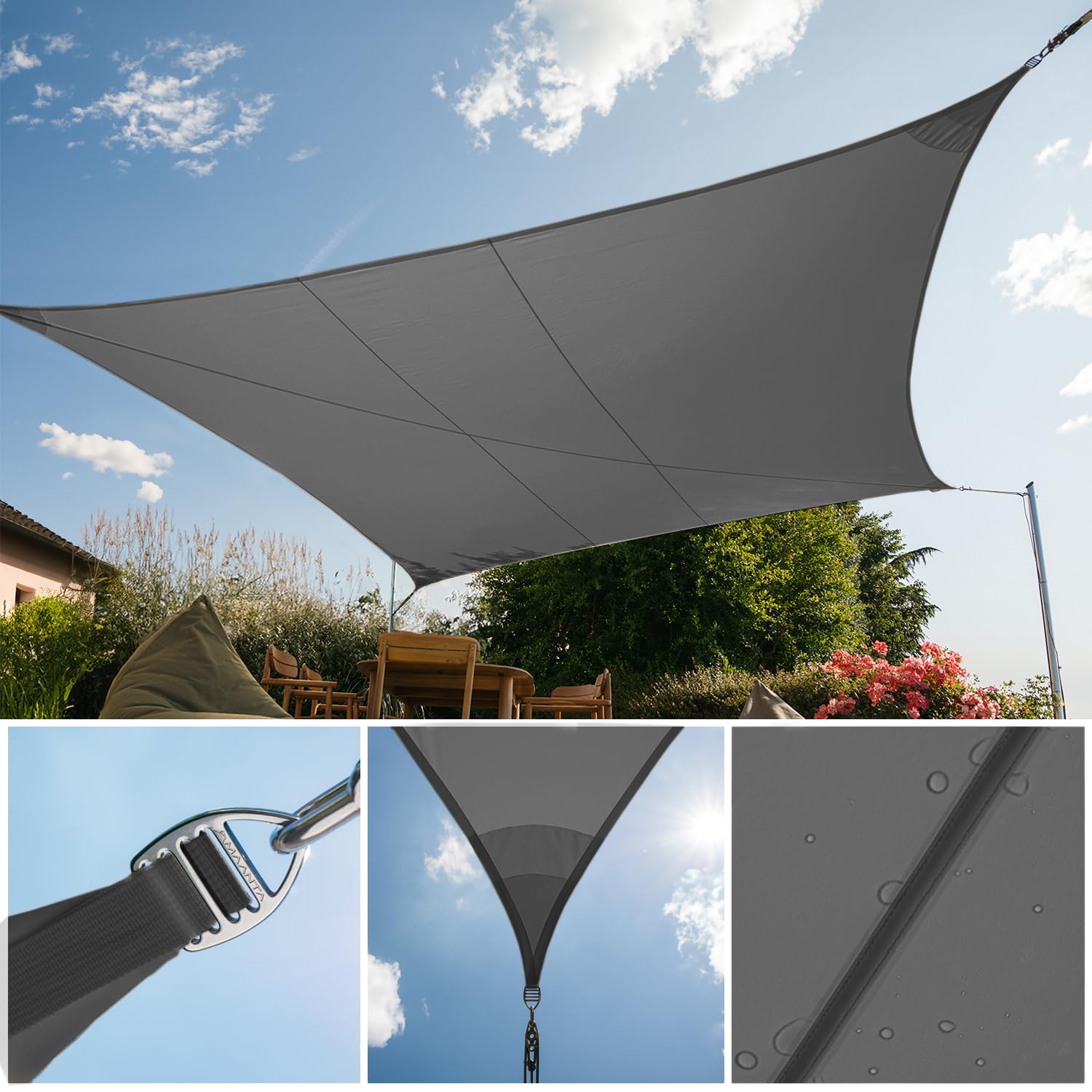 EZ Breez Sonnensegel wasserdicht - 4,5 x 4,5 m quadratisch - Graphit - UV-Schutz für Garten, Terrasse, Balkon und Pool