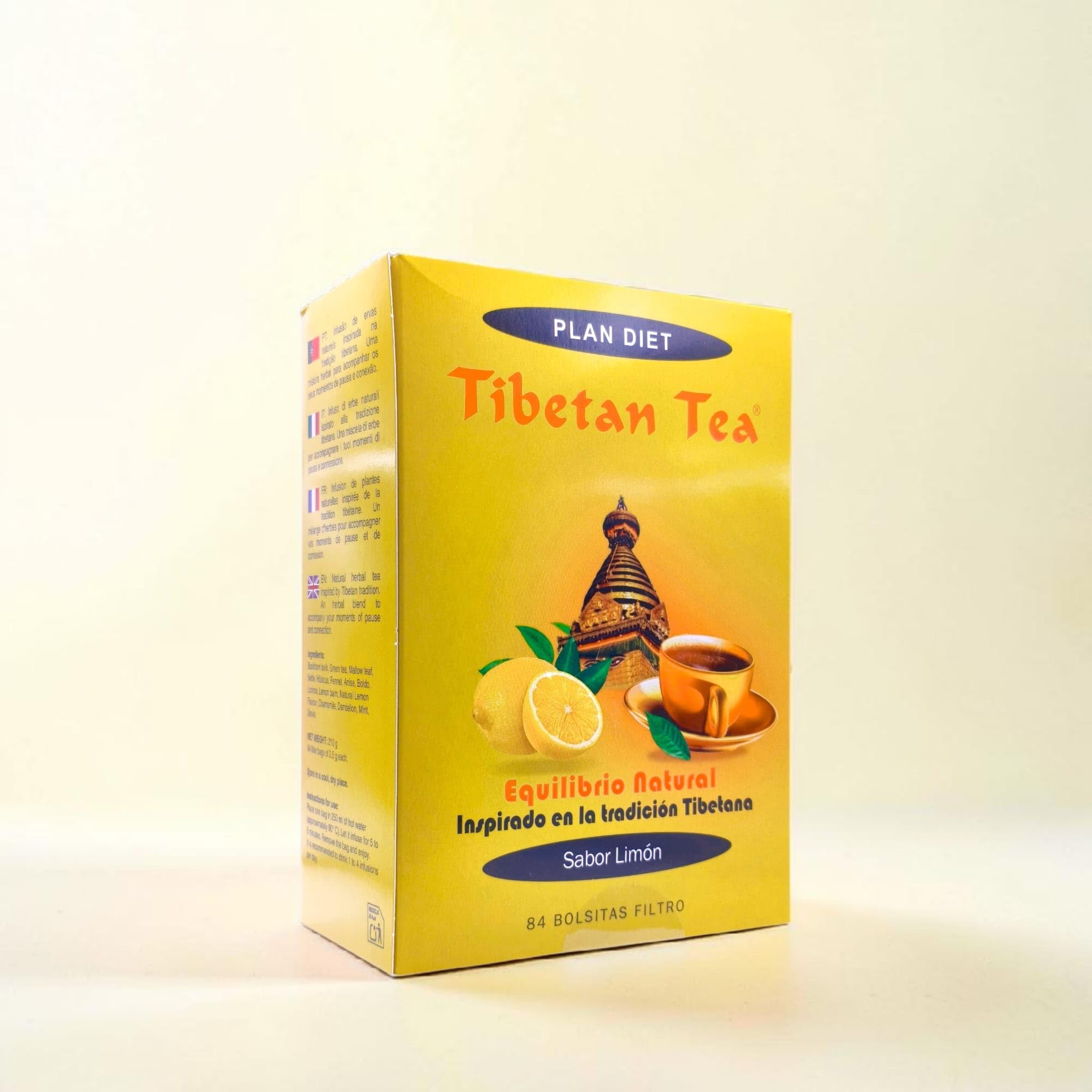 Tibetan Tea Sabor Limón 84 Bolsitas - Infusión Detox y Digestiva con Té Verde, Escaramujo y Laurel - Favorece la Regularidad Intestinal, el Control de Peso y Reduce la Hinchazón