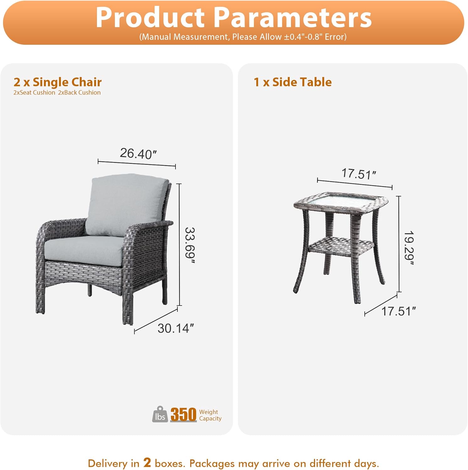 3 PCS Outdoor Patio Furniture Set with Side Table, All-Weather Rattan Wicker Outdoor Conversation Set with Thickened Cushions for Balcony Backyard Garden Lawn,Dark Grey
