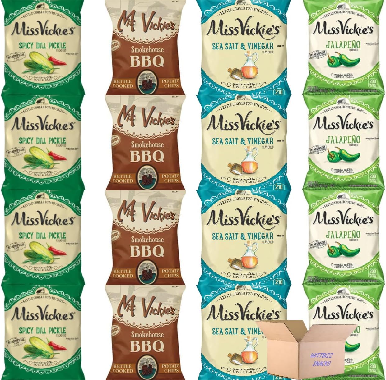 Ms. Vickys Variety 12 Pack are flavors such as Spicy Dill Pickle, BBQ, Sea Salt Vinegar, and Jalapeno.