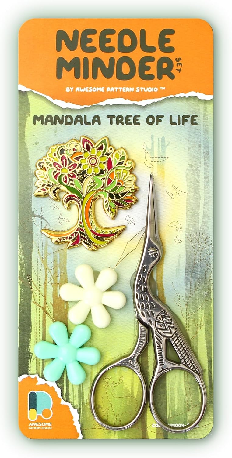 Awesome Pattern Studio Needle Minder Set - Mandala Tree of Life Magnetic Needle Minder + 2 Needle Threaders + Crane Scissors. Enamel Pin for Cross Stitch, Embroidery and Craft