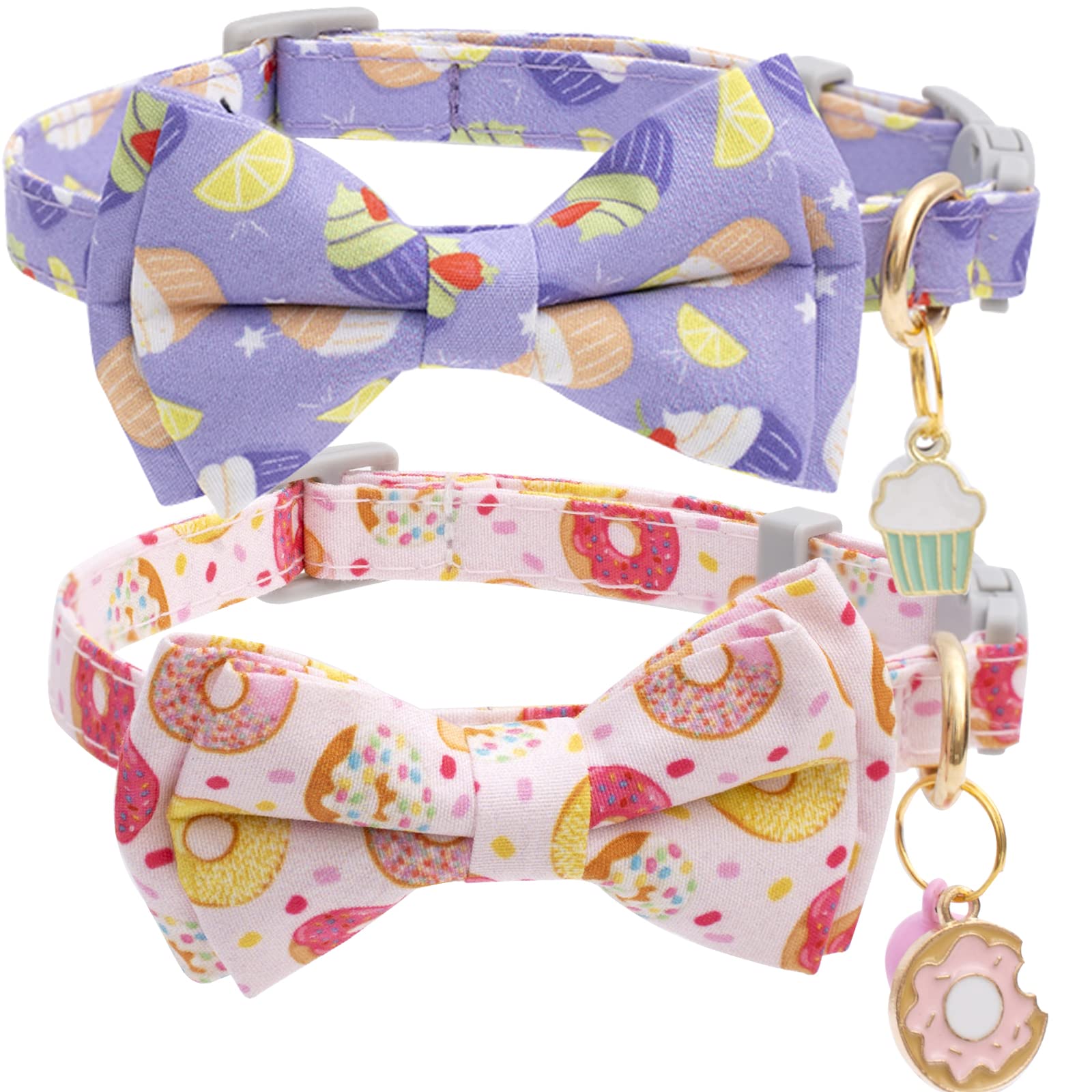 Faygarsle 2 Pack Cute Breakaway Cat Collar With Bell and Bowtie for Male Female Cats - Soft Fancy Pink Purple With Ice Cream Doughnuts Pattern - Summer Collar for Boy Girl Cats