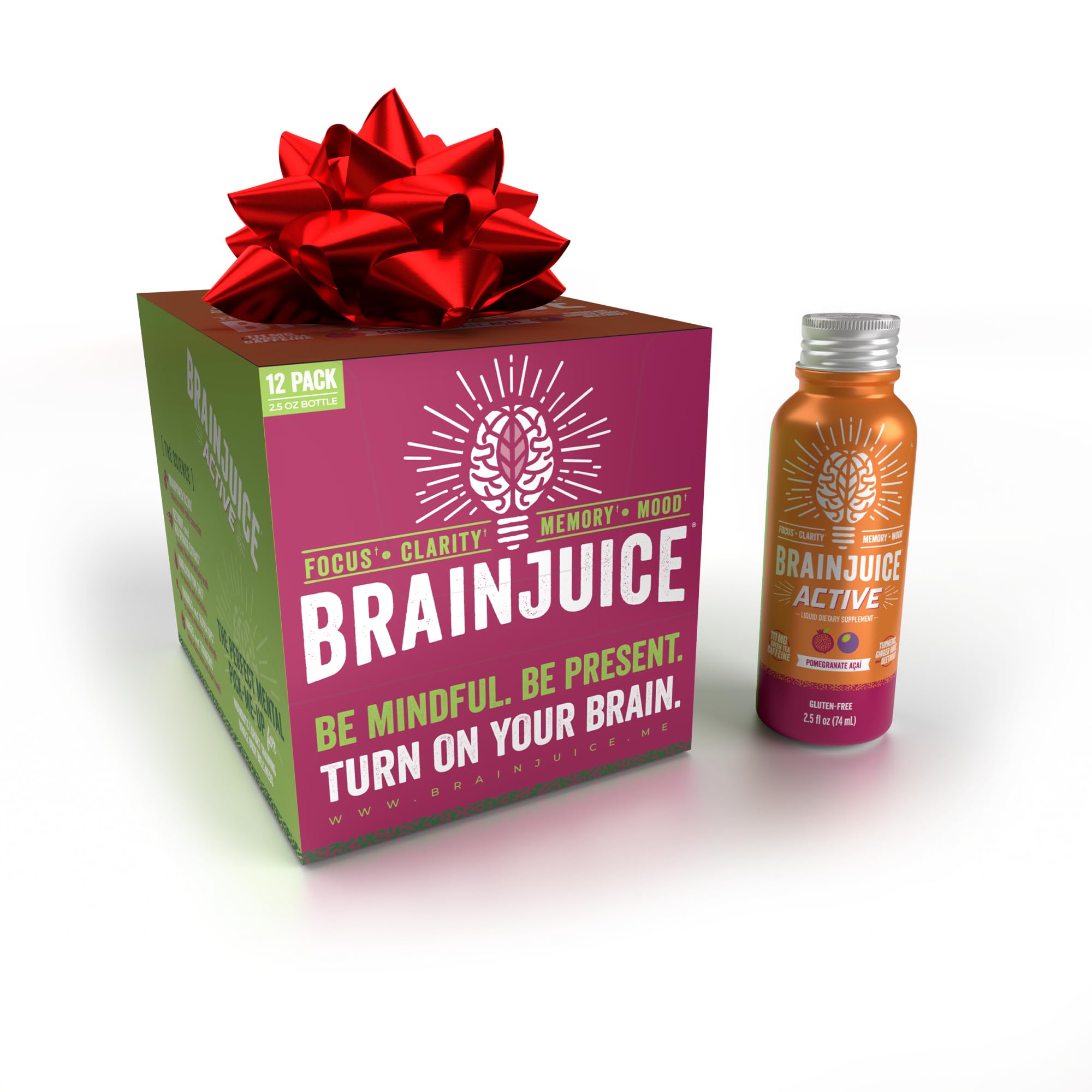 BrainJuice Brain Support Shot, Gluten Free Supplement Shots for Energy & Focus, Pre Workout with Alpha GPC, Vitamin B & Organic Green Tea Extract Caffeine, Active Pomegranate Acai, 2.5 fl oz, 12 Pack