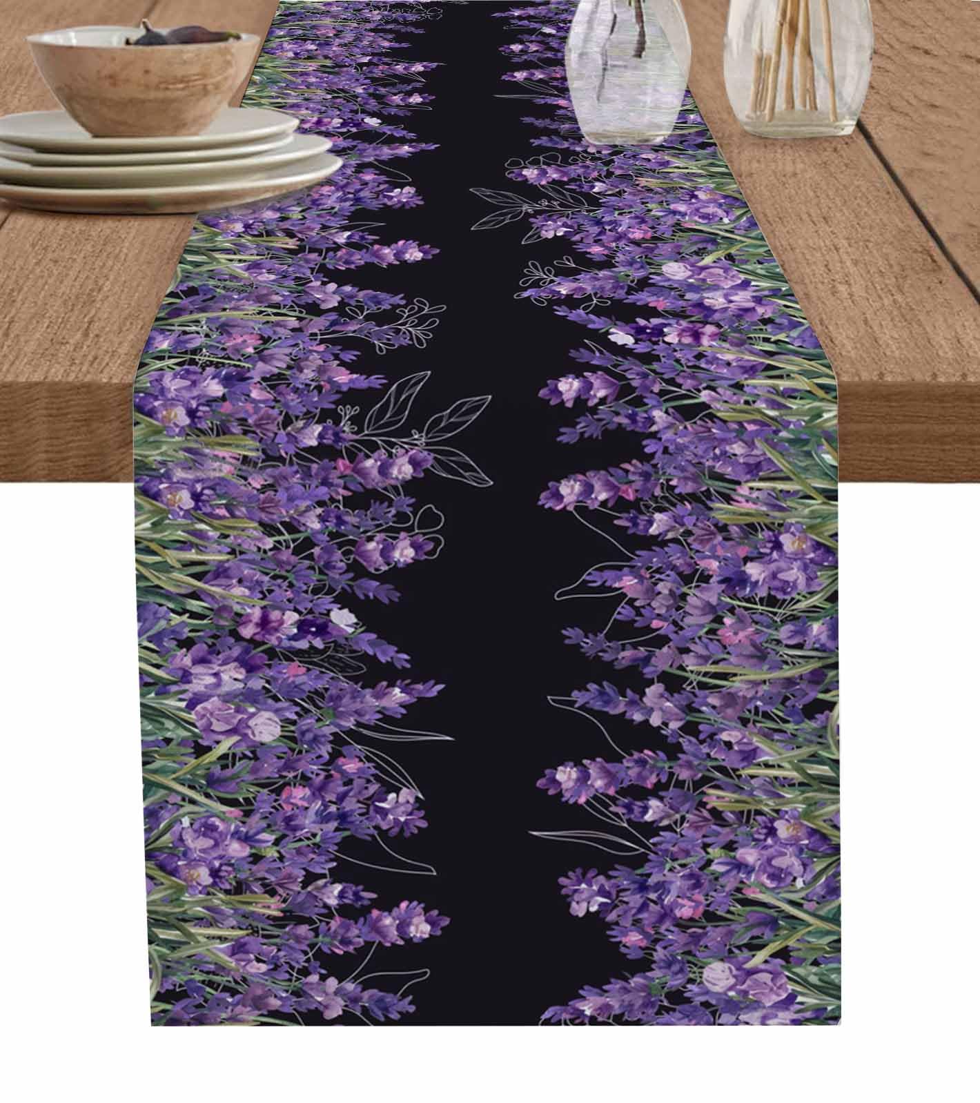 Purple Lavender Table Runner-Cotton Linen-13x120 Inch Holiday Dresser Scarves, Vintage Watercolor Botanic Black Tablerunner for Kitchen Coffee/Dining