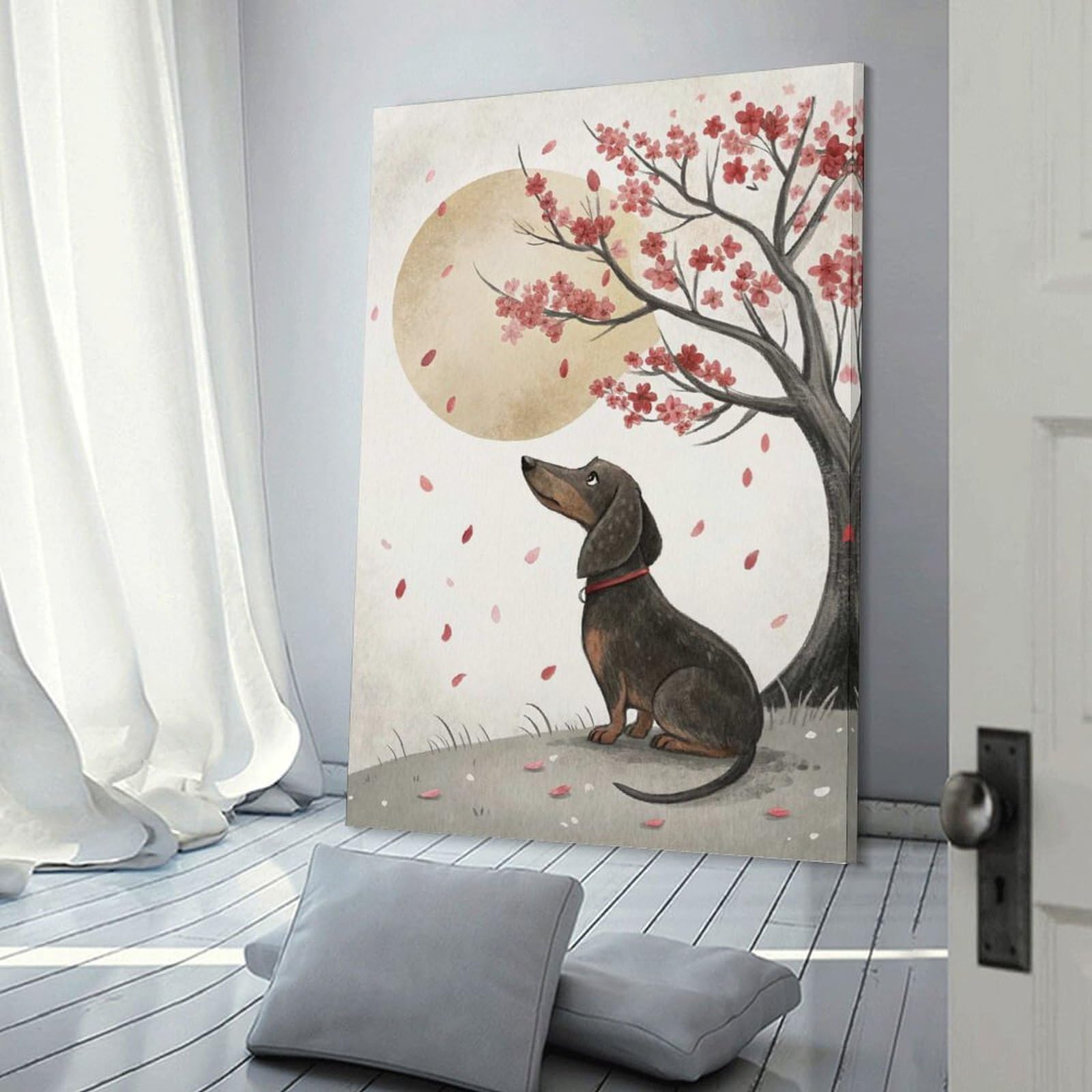 Junmoney Dachshund Under Cherry Blossoms Wall Picture Print 24x36inch(60x90cm), for Bedroom Decor, Cosy Corners Or Studios, Home Artwork with A Soft Interior Feel