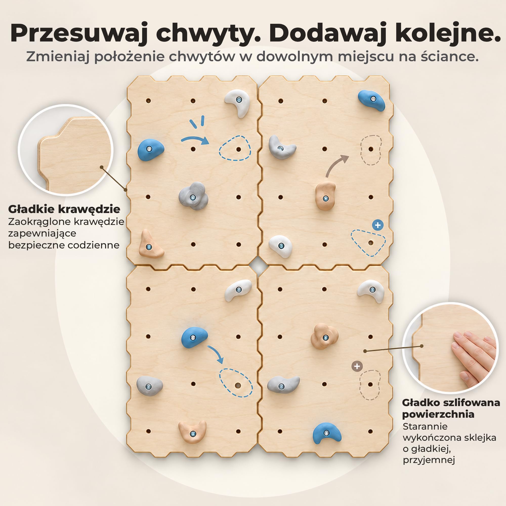 MAMOI Ścianka wspinaczkowa drewniana do wnętrz z 16 uchwytami, zestaw wspinaczkowy z panelami i uchwytami, płyta warstwowa, ściana domowa do montażu