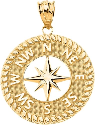 Colgante de oro de 14 quilates con diseño de brújula náutica con estrella del norte