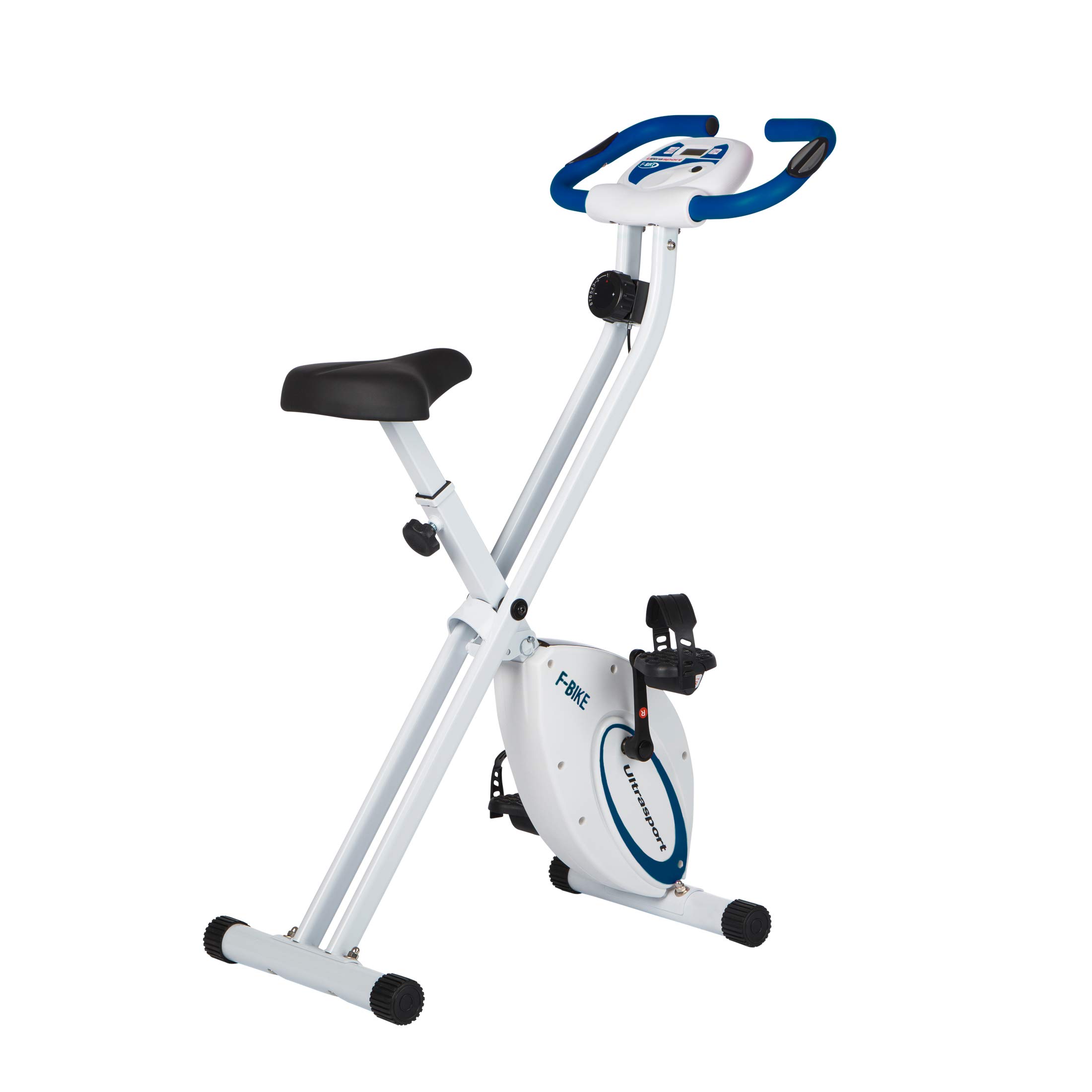 Ultrasport F-Bike, Bicicletta Trainer, Fitness Bicicletta LCD Computer allenamento Cyclette pieghevole Max. Peso 100kg misurazione pulsazioni 8 livelli resistenza ruota rifinitura, Bianco / Blu Marino