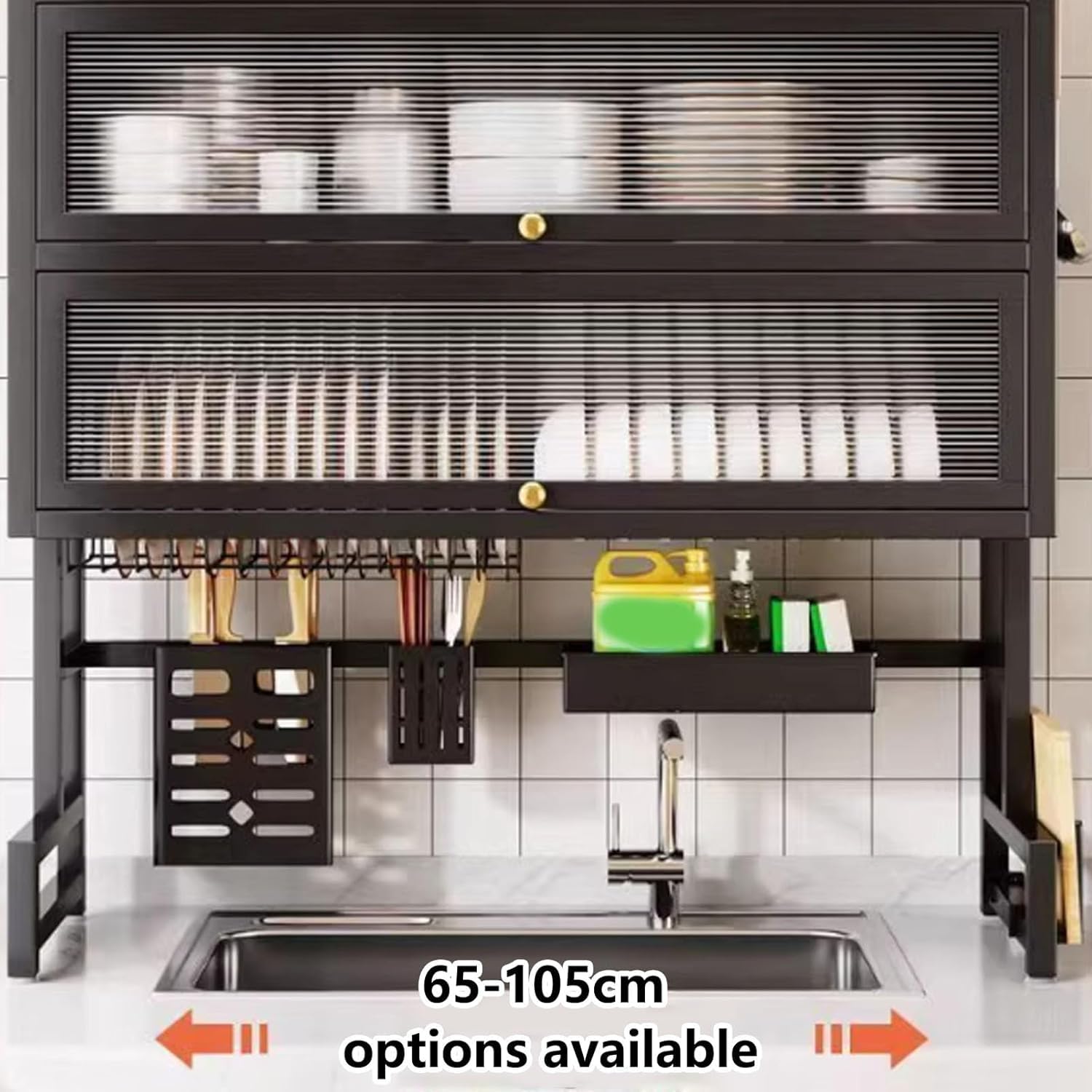 Escurridor de platos sobre el fregadero, organizador de 3 niveles de acero inoxidable que ahorra espacio para platos, vasos, cubiertos