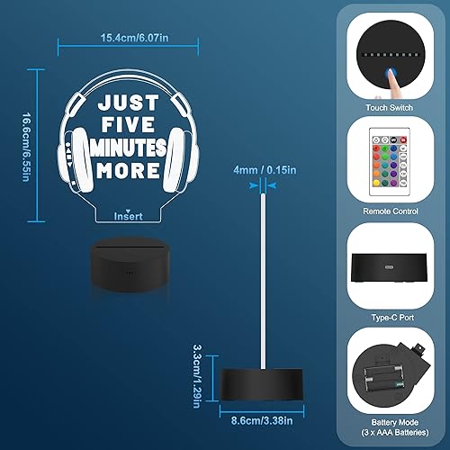 Vista 6 de Attivolife Just Five Minutes More Luz Nocturna, Decoración de Habitación de Video Juegos con Gráfico de Auriculares, Lámpara de Ilusión 3D Graciosa