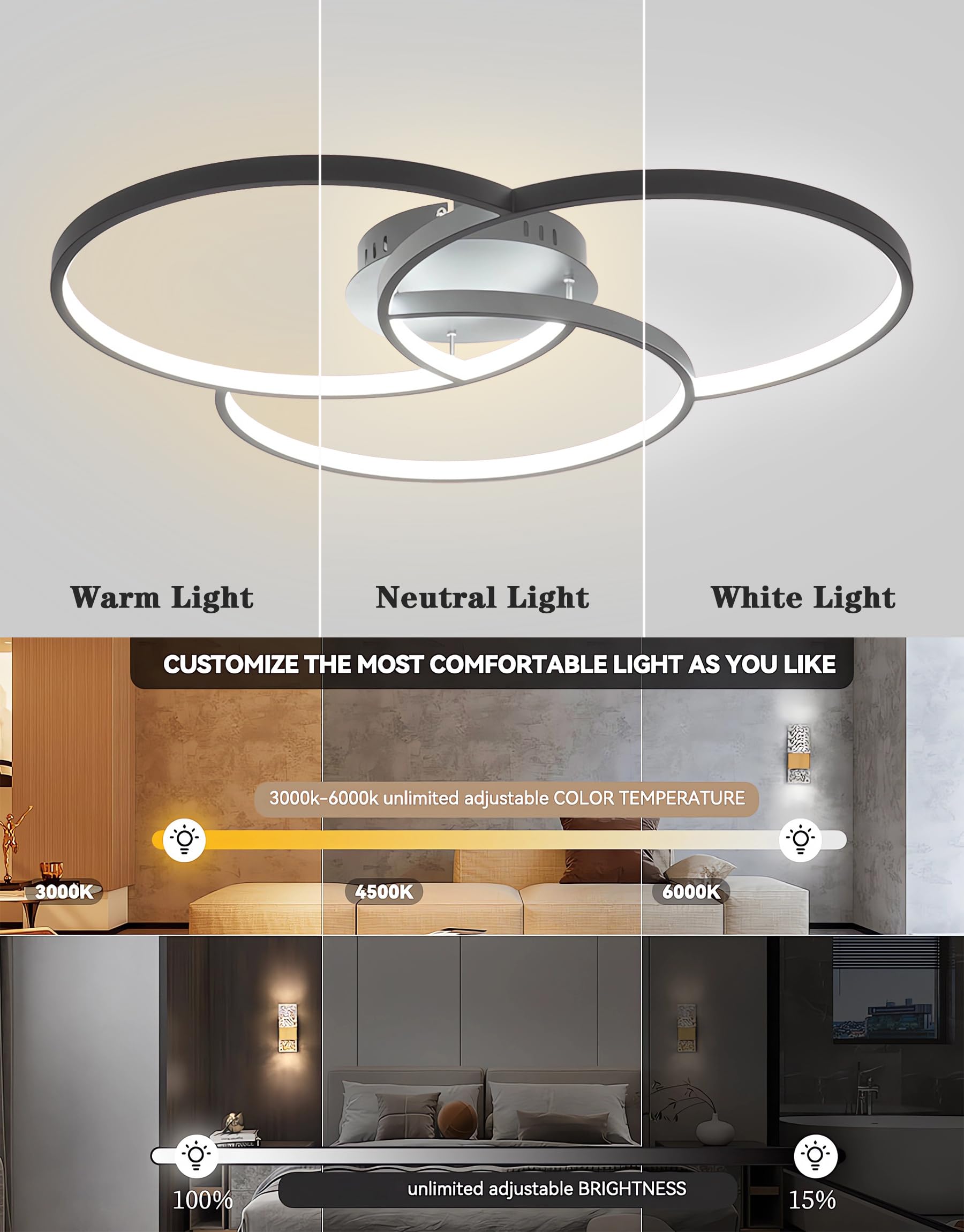 Lampa sufitowa LED Nowoczesne lampy sufitowe Czarne 3-pierścieniowe lampy do salonu Ściemnialne oświetlenie sufitowe do sypialni z pilotem do jadalni kuchni biura gabinetu (90cm)