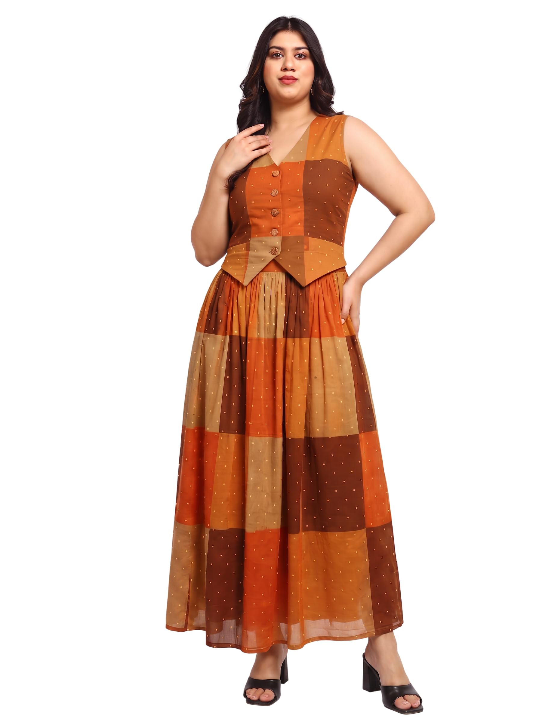 Patch Printed Cotton Waistcoat & Flared Skirt Co-Ord Set for Women's|Sleeveless V-Neck Loose Fit Casual Fashionable Co-ord Set|Ladies Party Casual Wear Outfits Summer Collection (Multicolor)-image-46