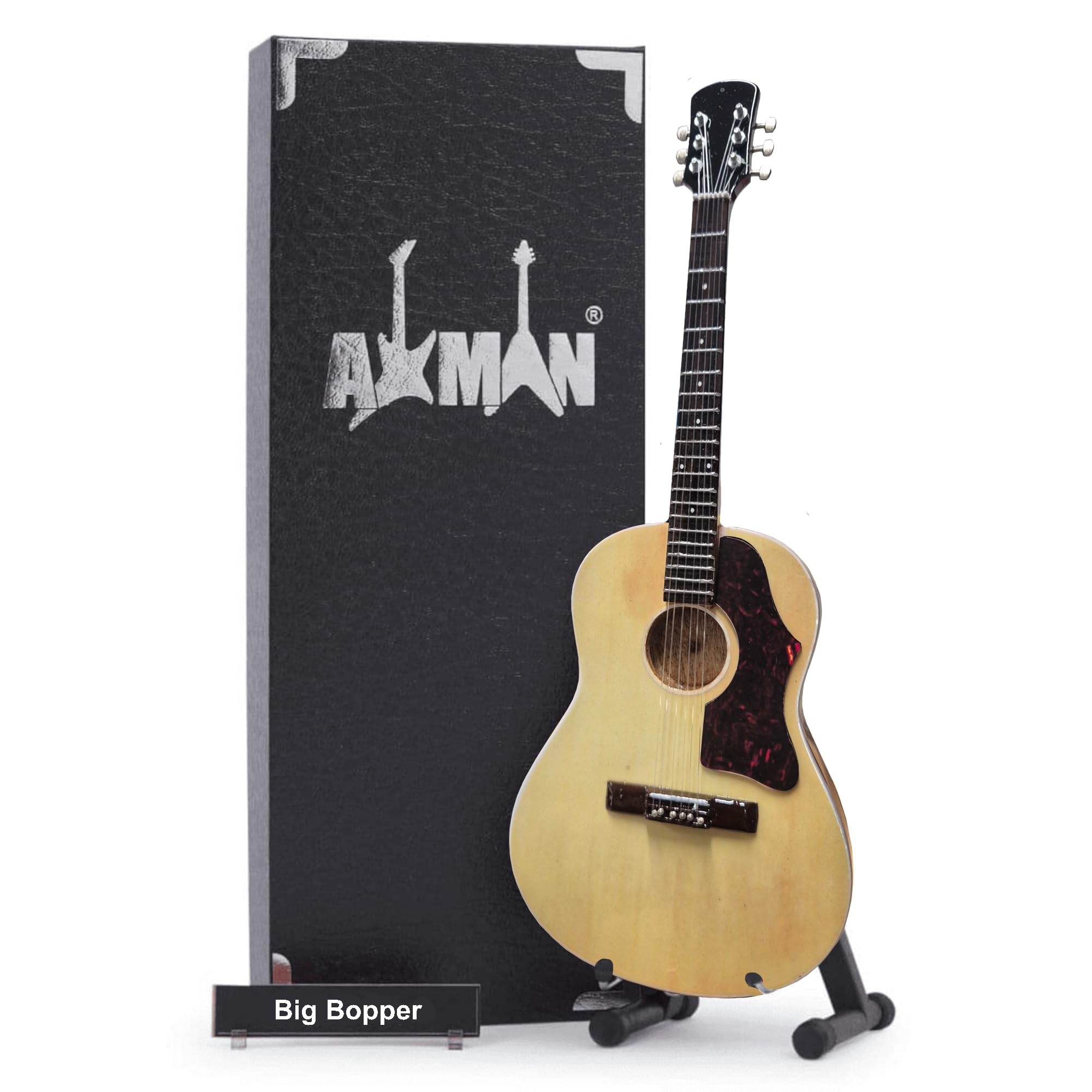 Big Bopper Gitara akustyczna Jumbo z naturalnym wykończeniem - miniaturowa replika gitary - prezenty muzyczne - ręcznie robiona ozdobna skala 1/4 - zawiera pudełko ekspozycyjne, plakietkę z imieniem i