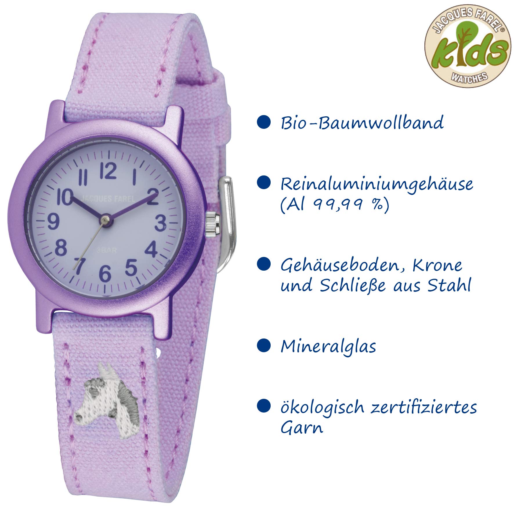 Jacques FAREL Öko-Kinderuhr Mädchen Armbanduhr mit Textilband aus Bio-Baumwolle Analog Quarz Lila Flieder Pferd ORG 8820