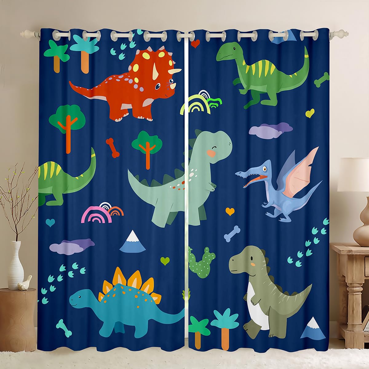 Homewish Rideau Occultant 117x137 cm Cartoon,Rideau Dinosaures,Rideaux Voilage Enfants Garçons Filles Os d'arbre Empreintes de Pieds Ptérosaure Arc-en-Ciel Triceratops Mignon Dinosaure pour Chambre