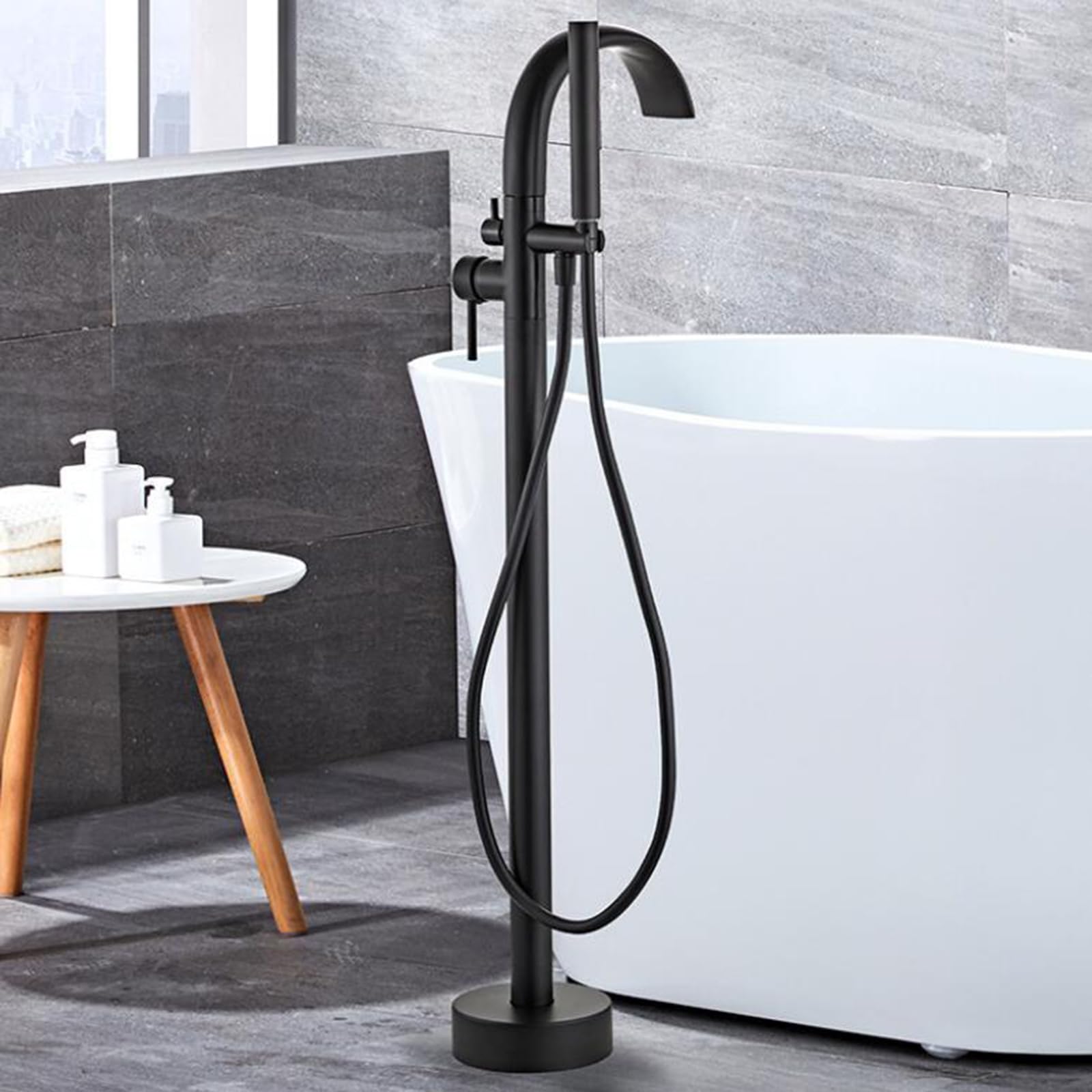 Grifo Bañera Exenta Cascada Latón Caño En Cascada Teleducha Grifo para Bañera Exenta-Negro