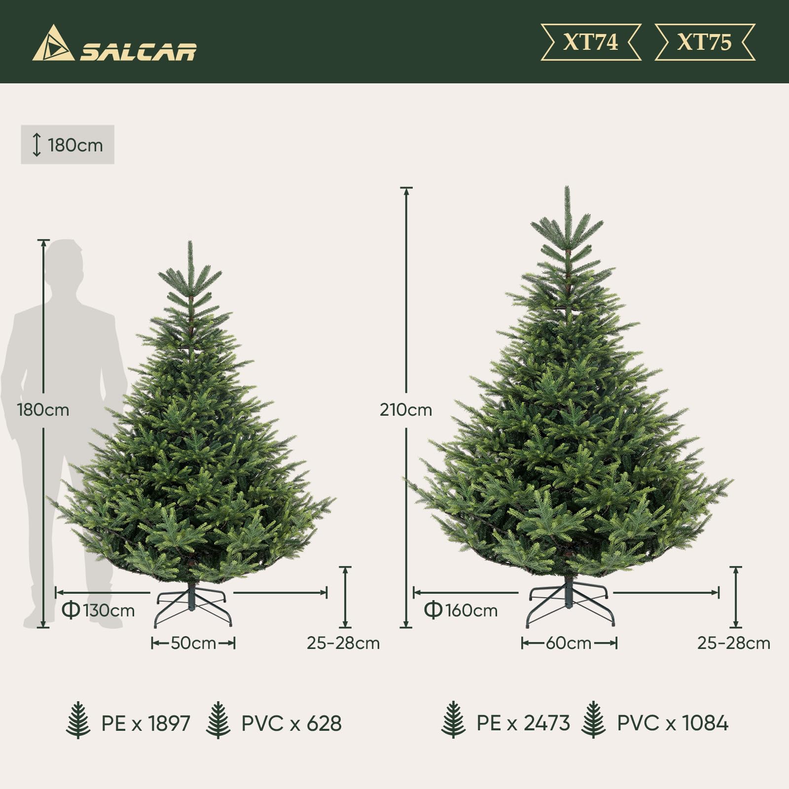 SALCAR Sztuczna choinka 210 cm, naturalna choinka ze składanym systemem parasolowym, PCW i PE, metalowy stojak na choinkę