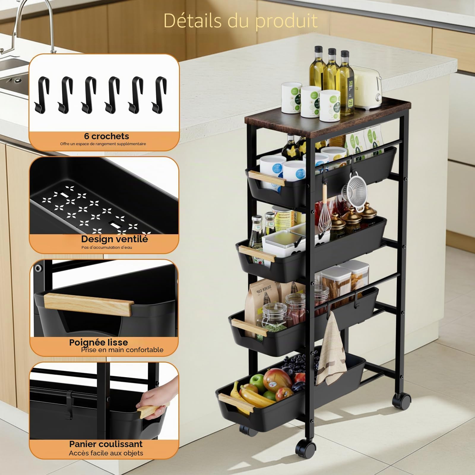 Meuble Rangement Cuisine, Corbeille à Fruits en Métal Chariot de Rangement à 5 Niveaux avec Plateau en Bois, Cuisine, Chambre, Salle de Bain, Dortoir