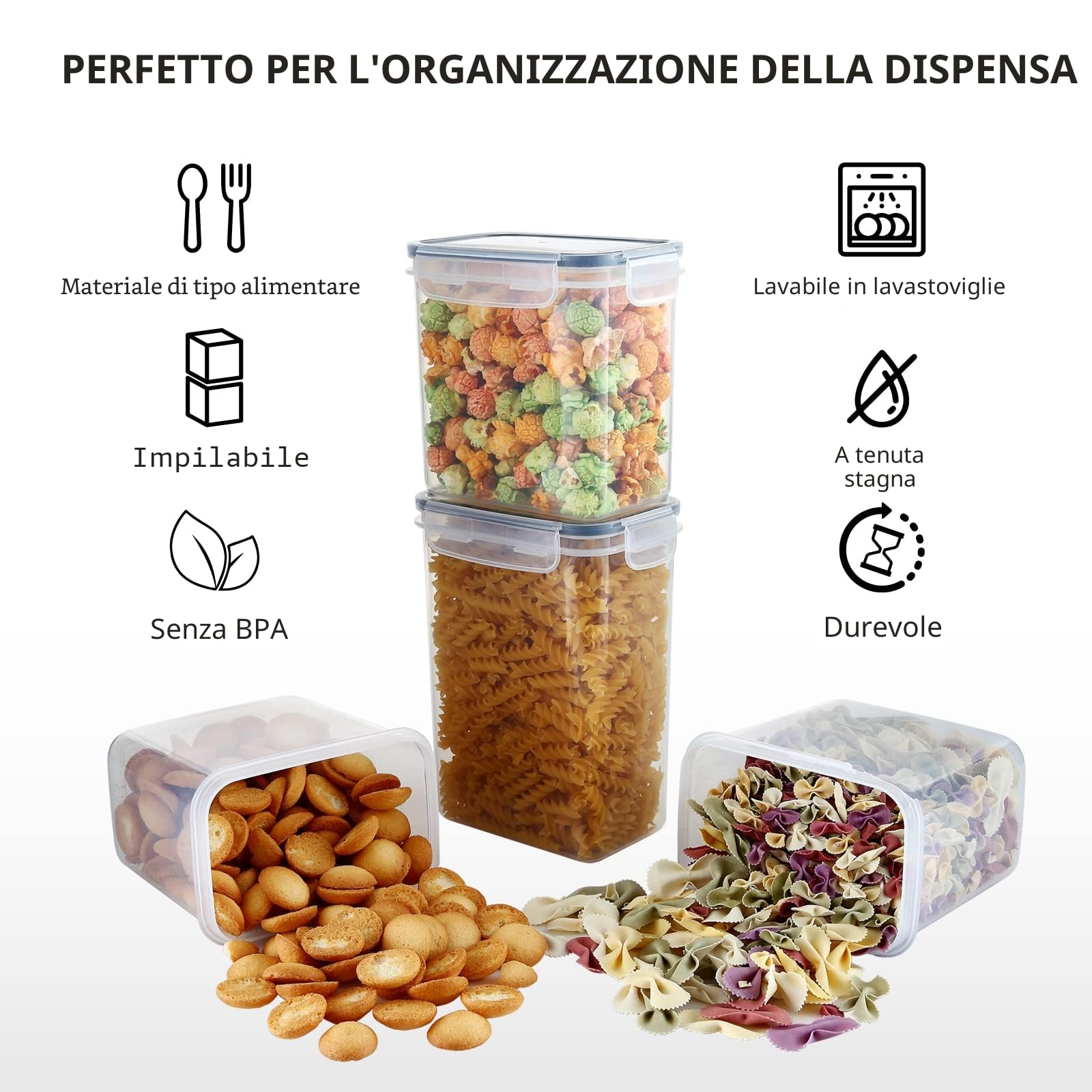 Hibisaws Set 31 contenitori ermetici per alimenti, contenitori plastica con coperchio organizer cucina e frigorifero, scatole pasta zucchero caffè cereali, BPA Free, salvaspazio impilabili