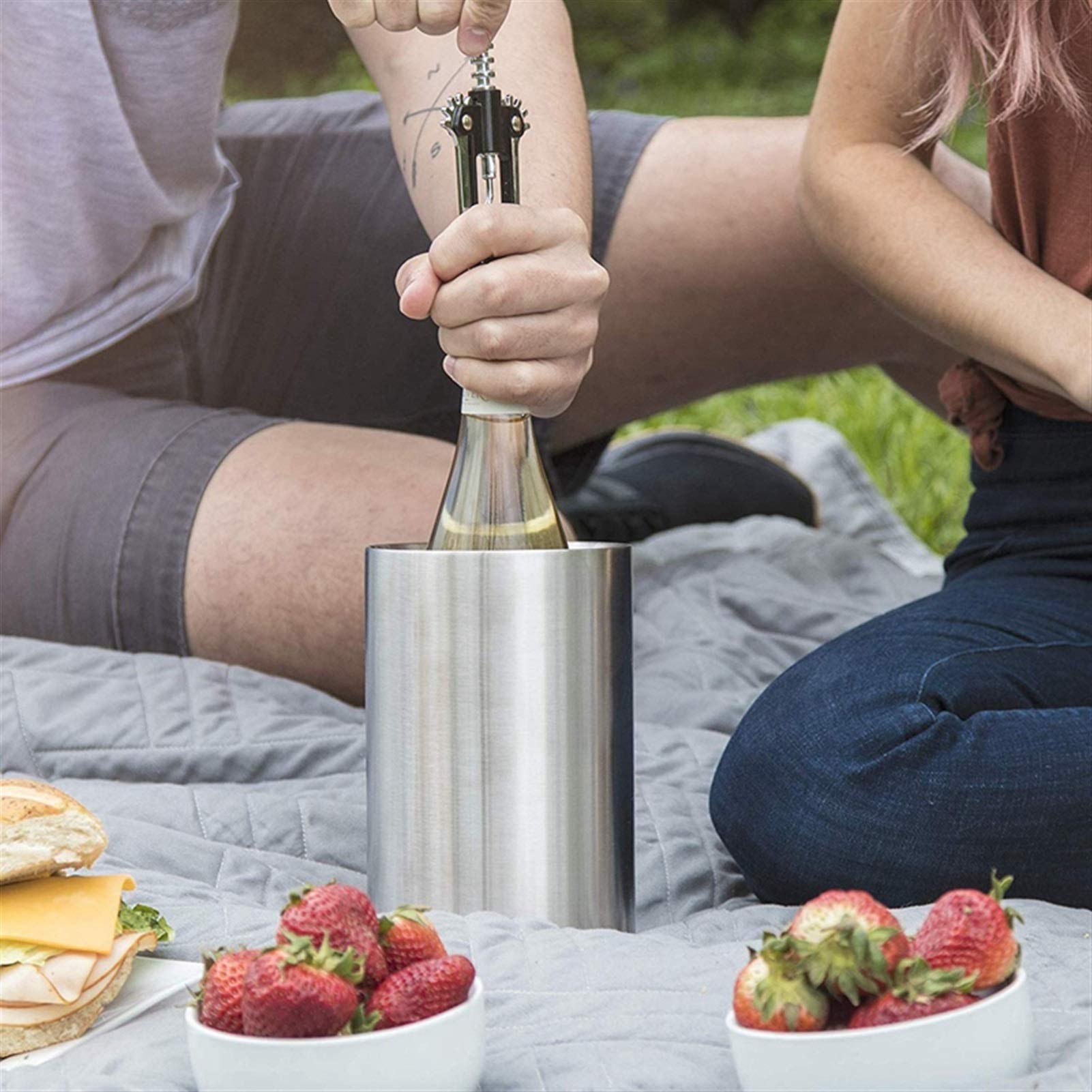 Großer Getränkekühler/Bier-Eimer 1 STÜCK Schweißfreier Edelstahl-Isolierter Weinkühler-Eimer mit Weinbelüfter – passend für 750 ml Weinflaschen, hält Wein stundenlang kalt (Farbe : Silber)
