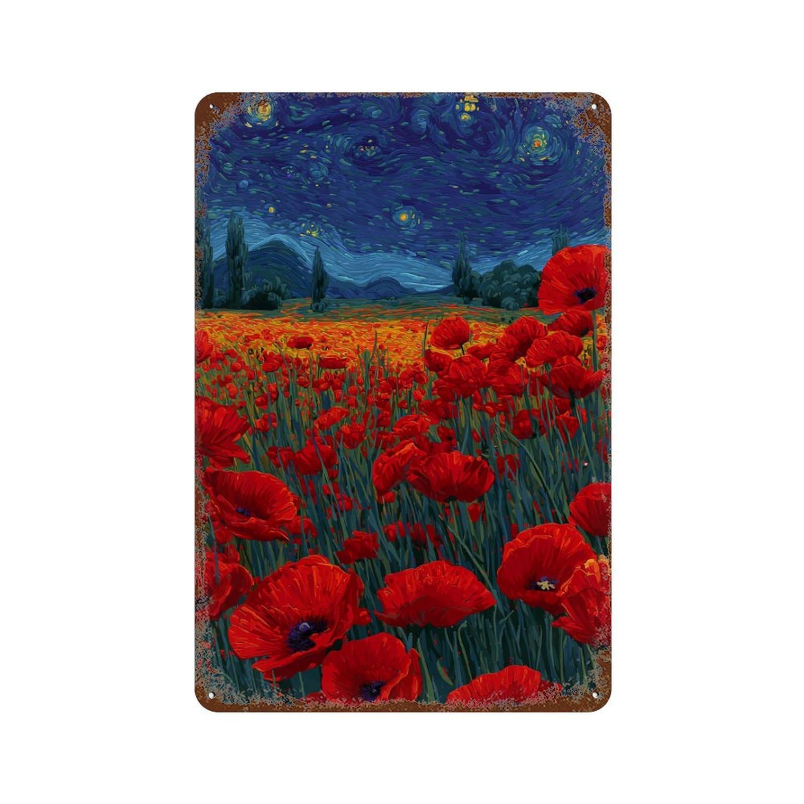 Retro Metal Sign with Starry Night Poppies Field Design 11.8"x7.9", for Pub, Kitchen And Man Cave Decor, Rustic Home Decor